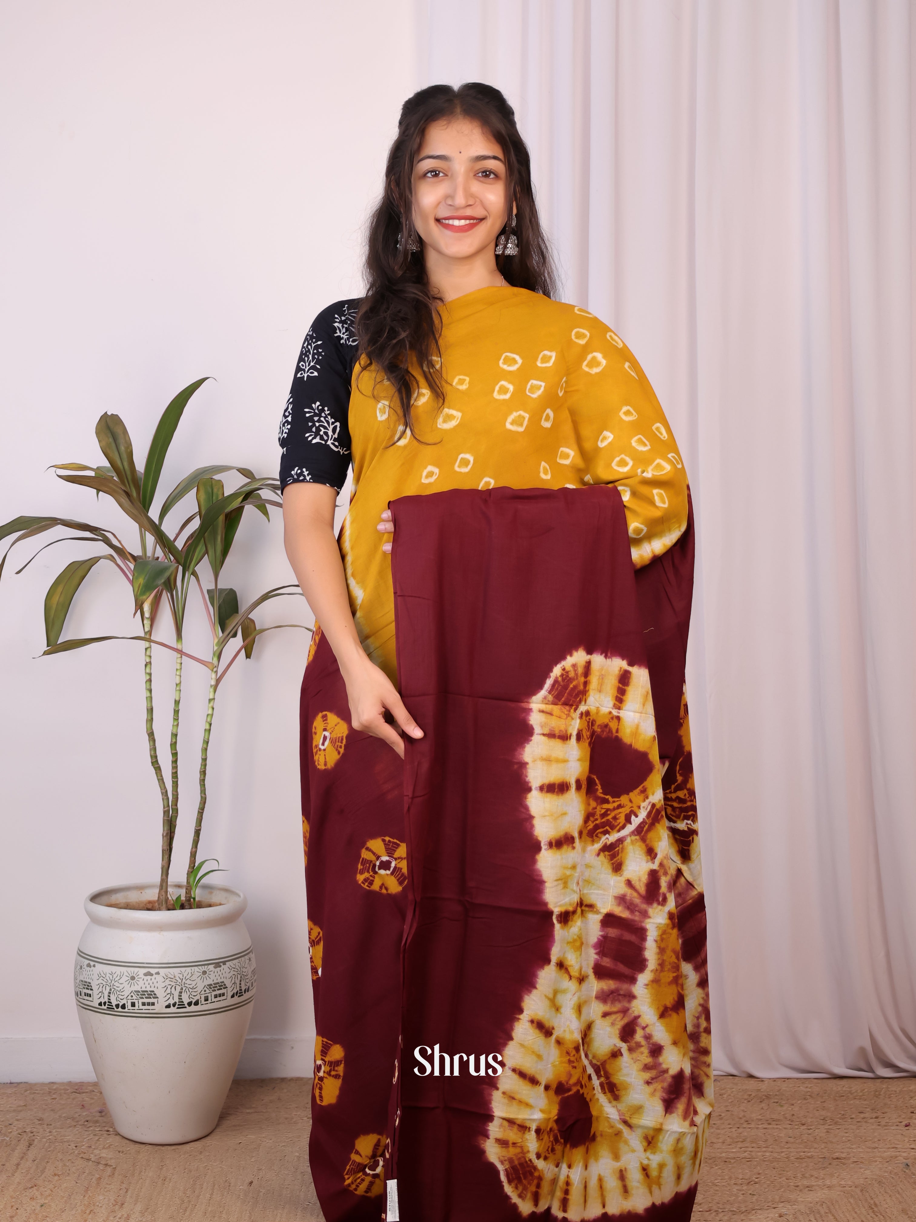 Maroon & Mustard - Cotton Saree - Shop on Shrus.com