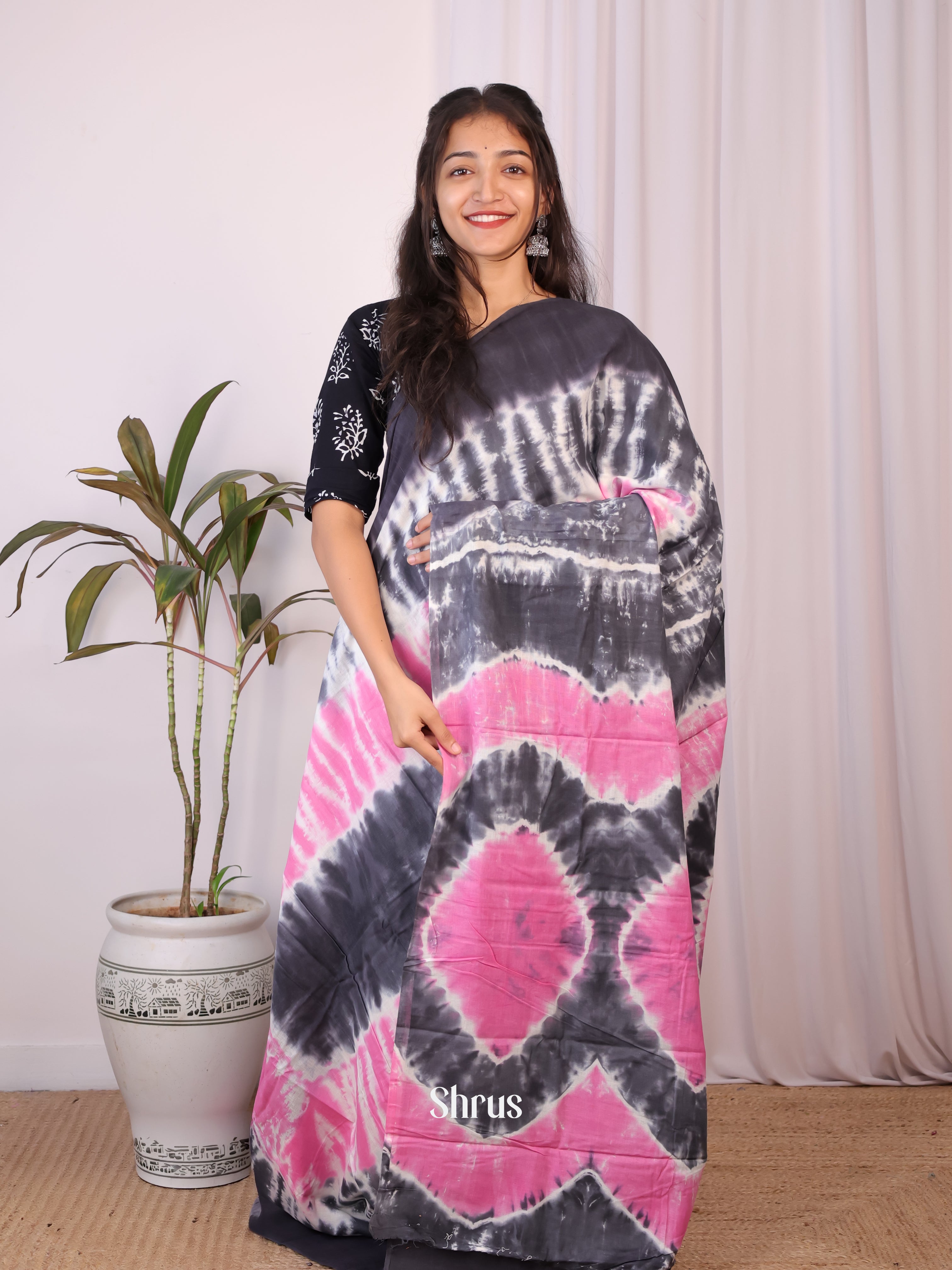Black & Pink - Cotton Saree - Shop on Shrus.com