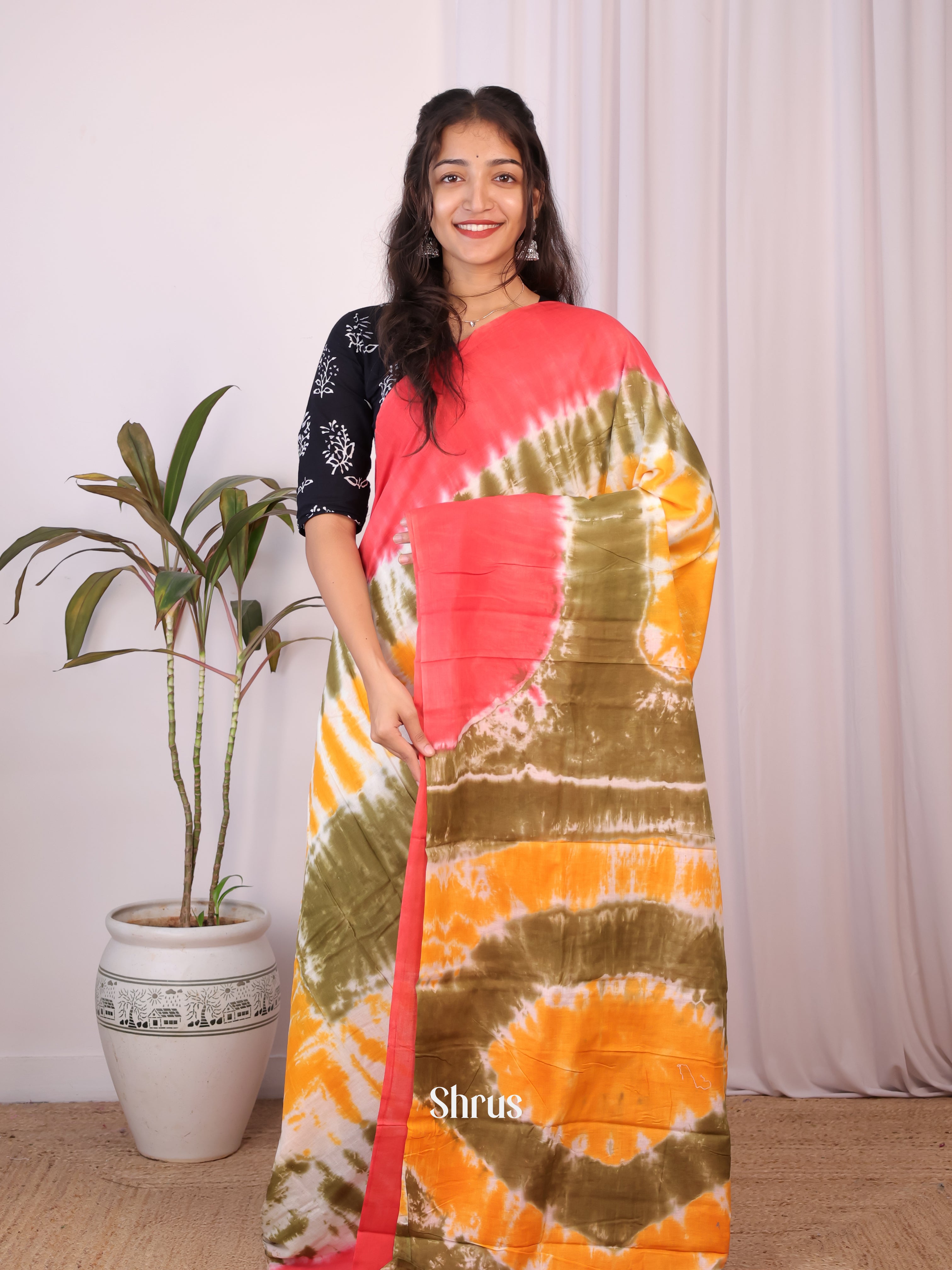 Green & Orangish Pink - Cotton Saree - Shop on Shrus.com