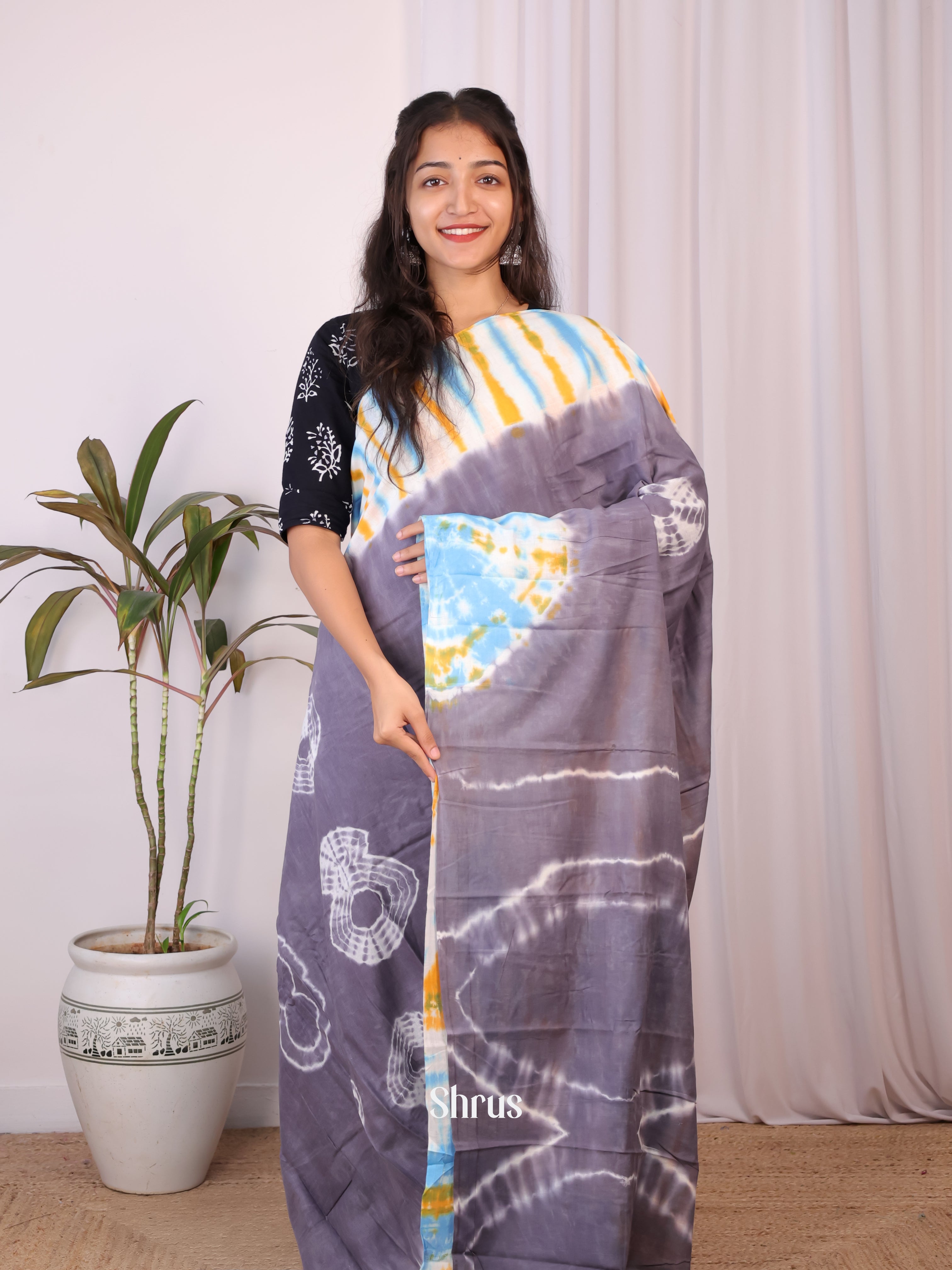 Grey & Blue - Cotton Saree - Shop on Shrus.com