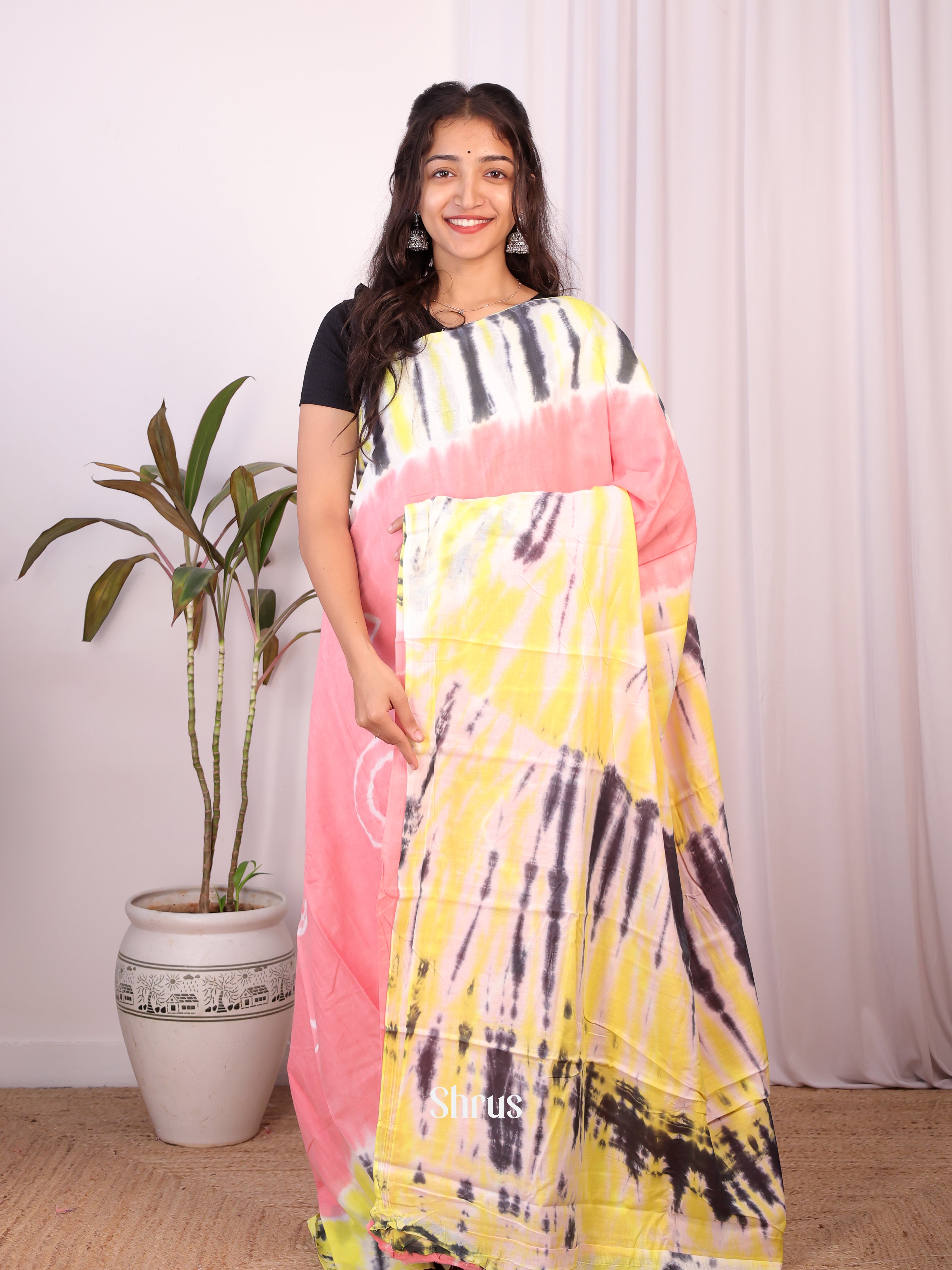 Pink & Yellow - Cotton Saree - Shop on Shrus.com