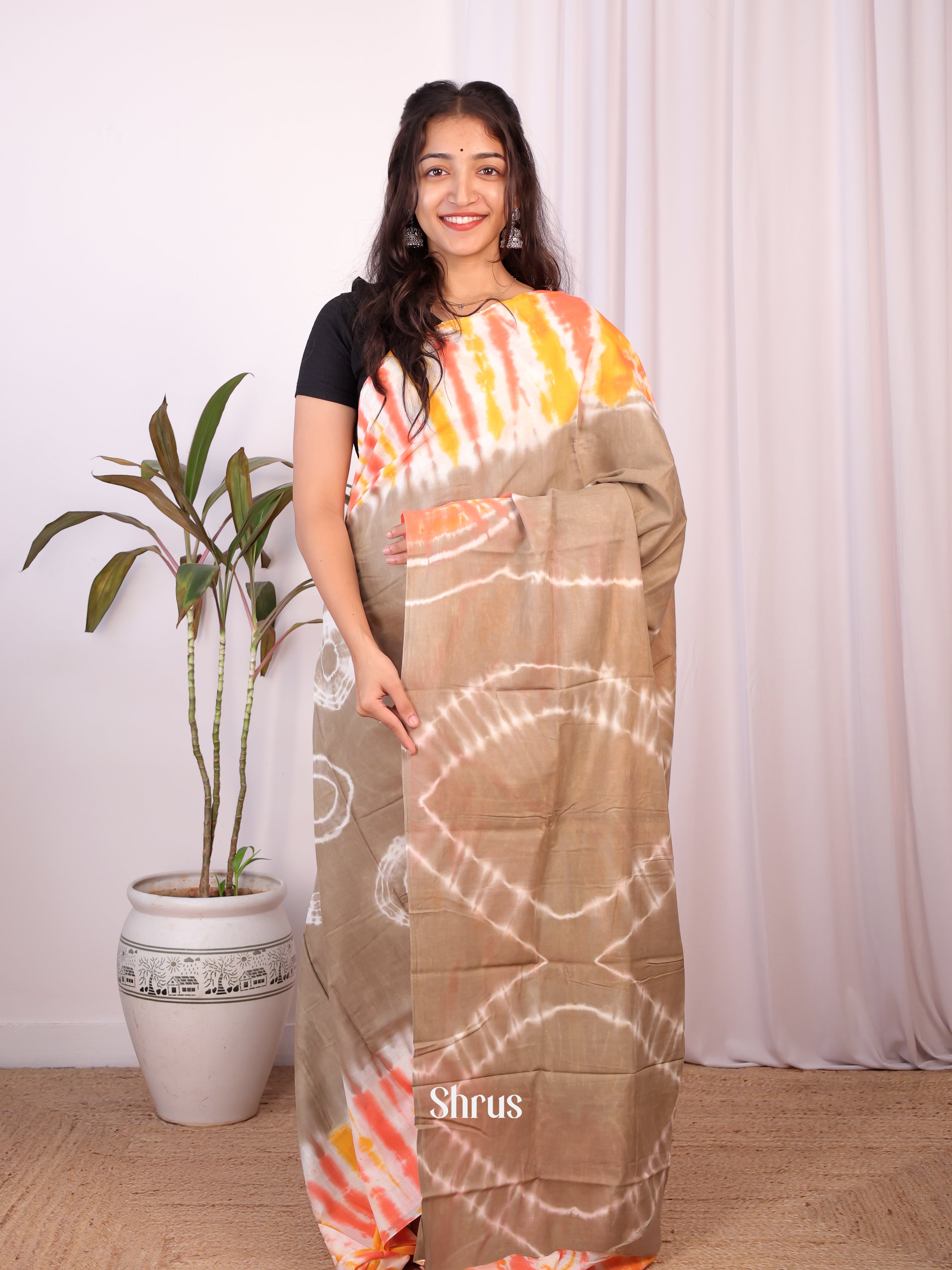Grey & Orange - Cotton Saree - Shop on Shrus.com