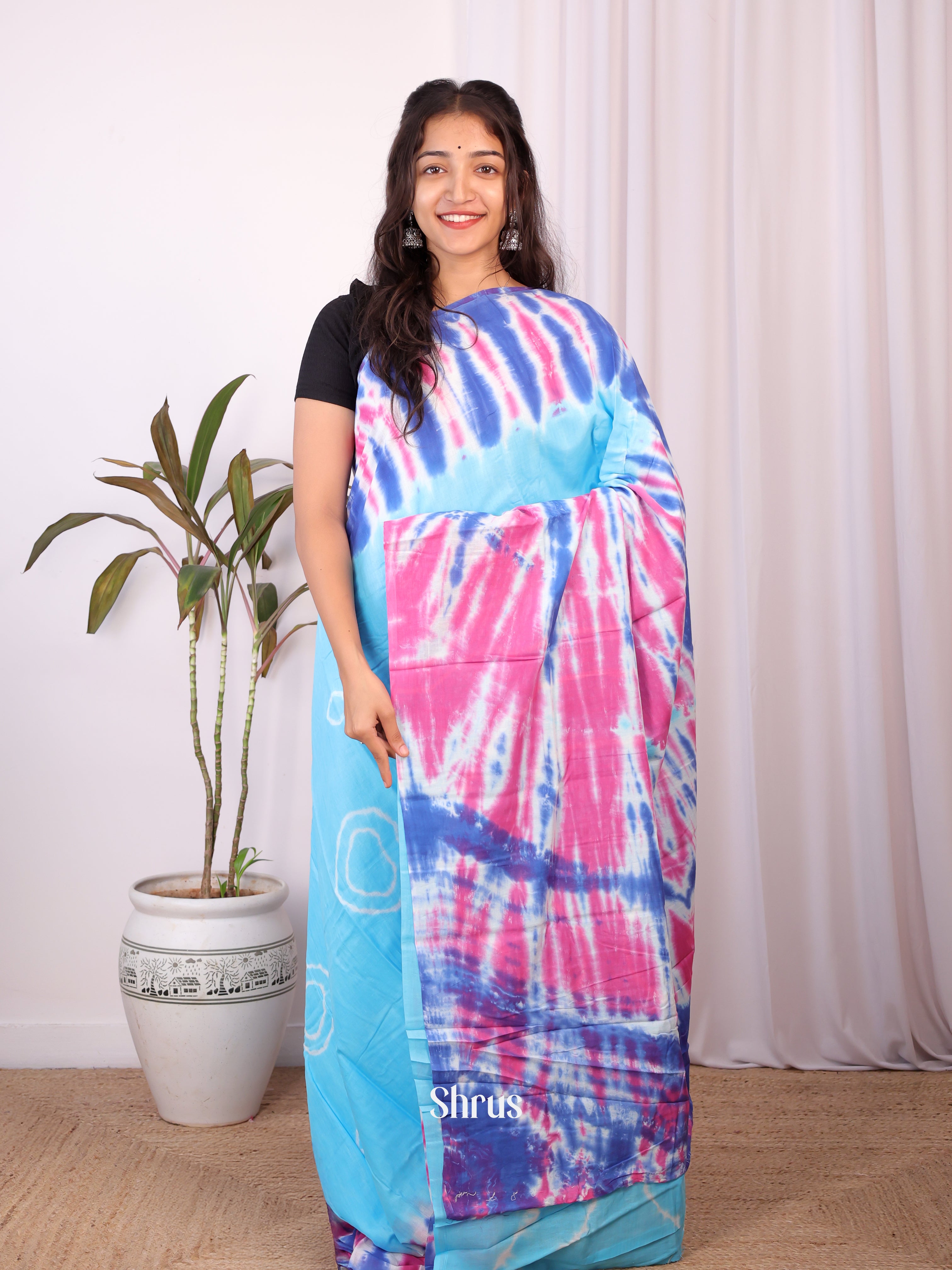 Blue & Pink - Cotton Saree - Shop on Shrus.com
