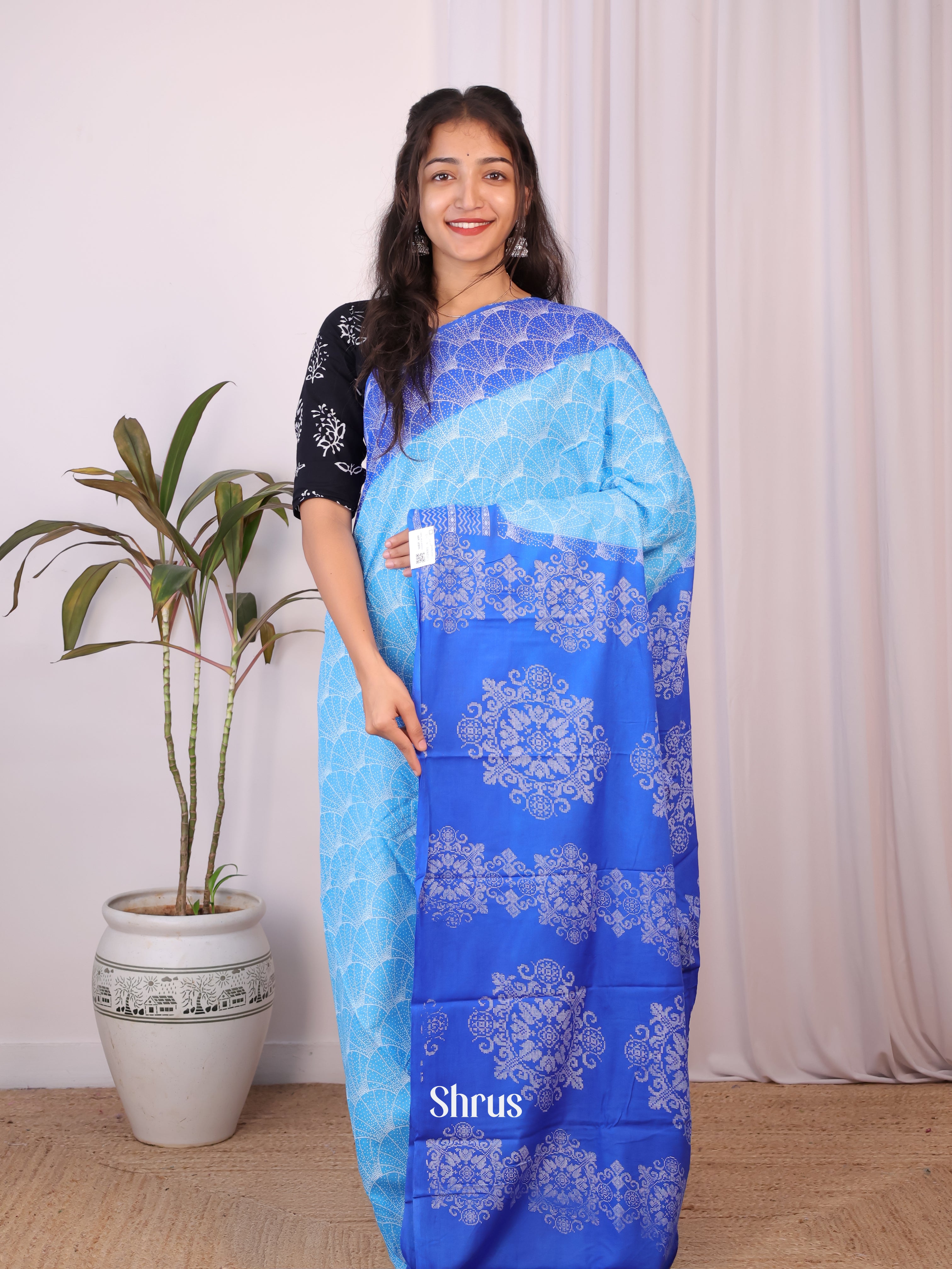 Lite & Dark Blue- Cotton Saree - Shop on Shrus.com