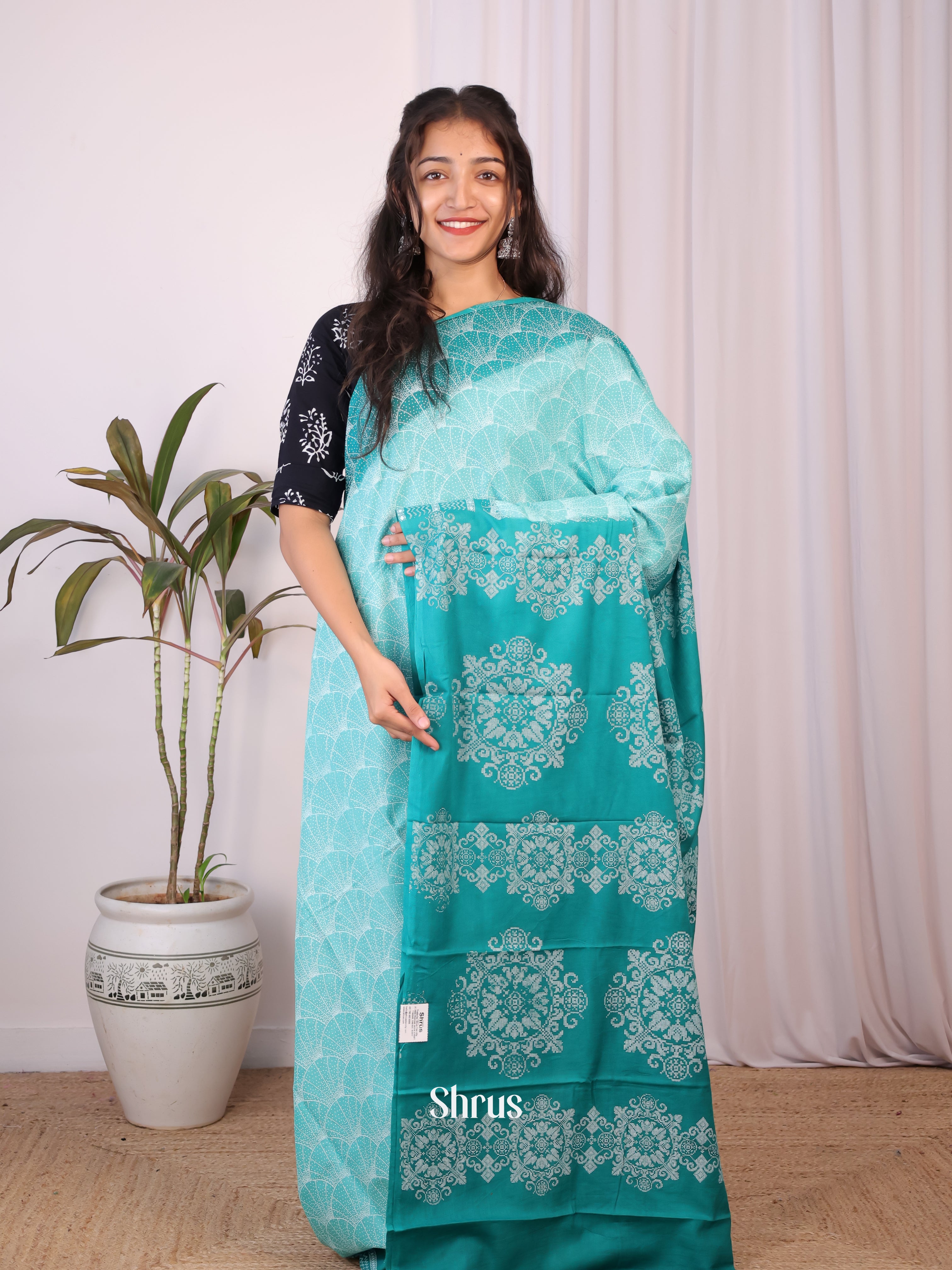 Lite Blue & Teal- Cotton Saree - Shop on Shrus.com