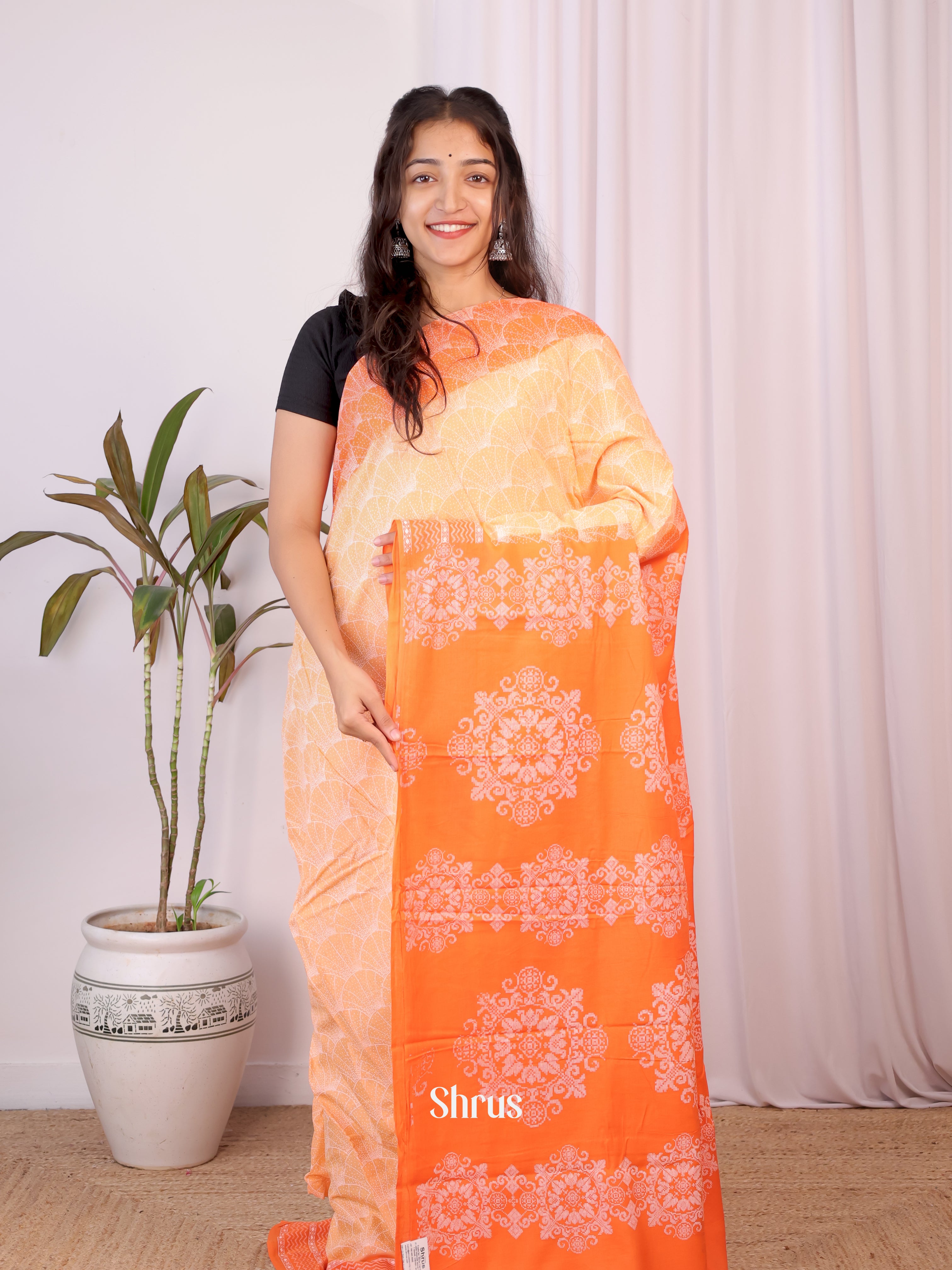Peach & Orange- Cotton Saree - Shop on Shrus.com
