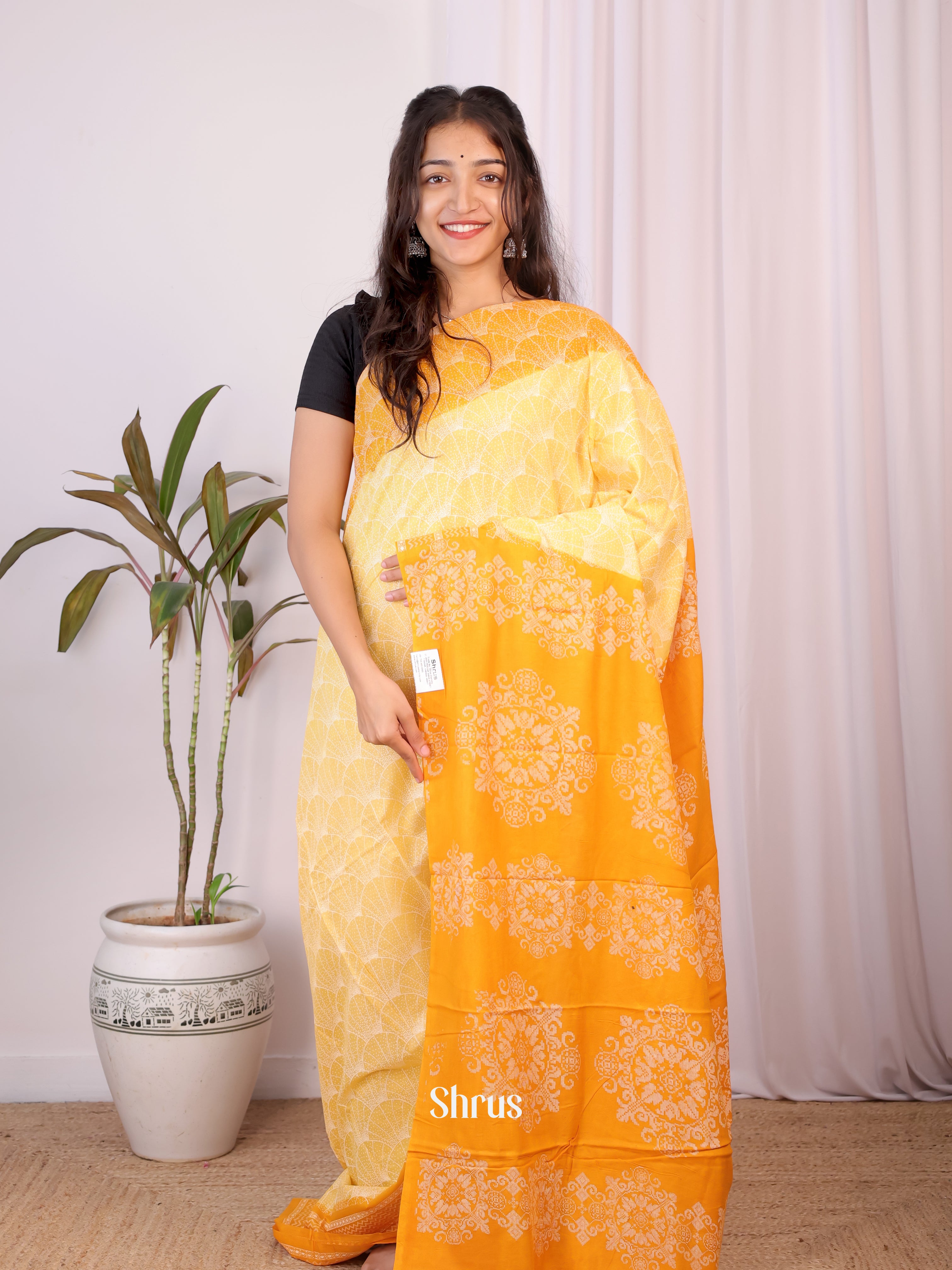 Lite Yellow & Orange - Cotton Saree - Shop on Shrus.com
