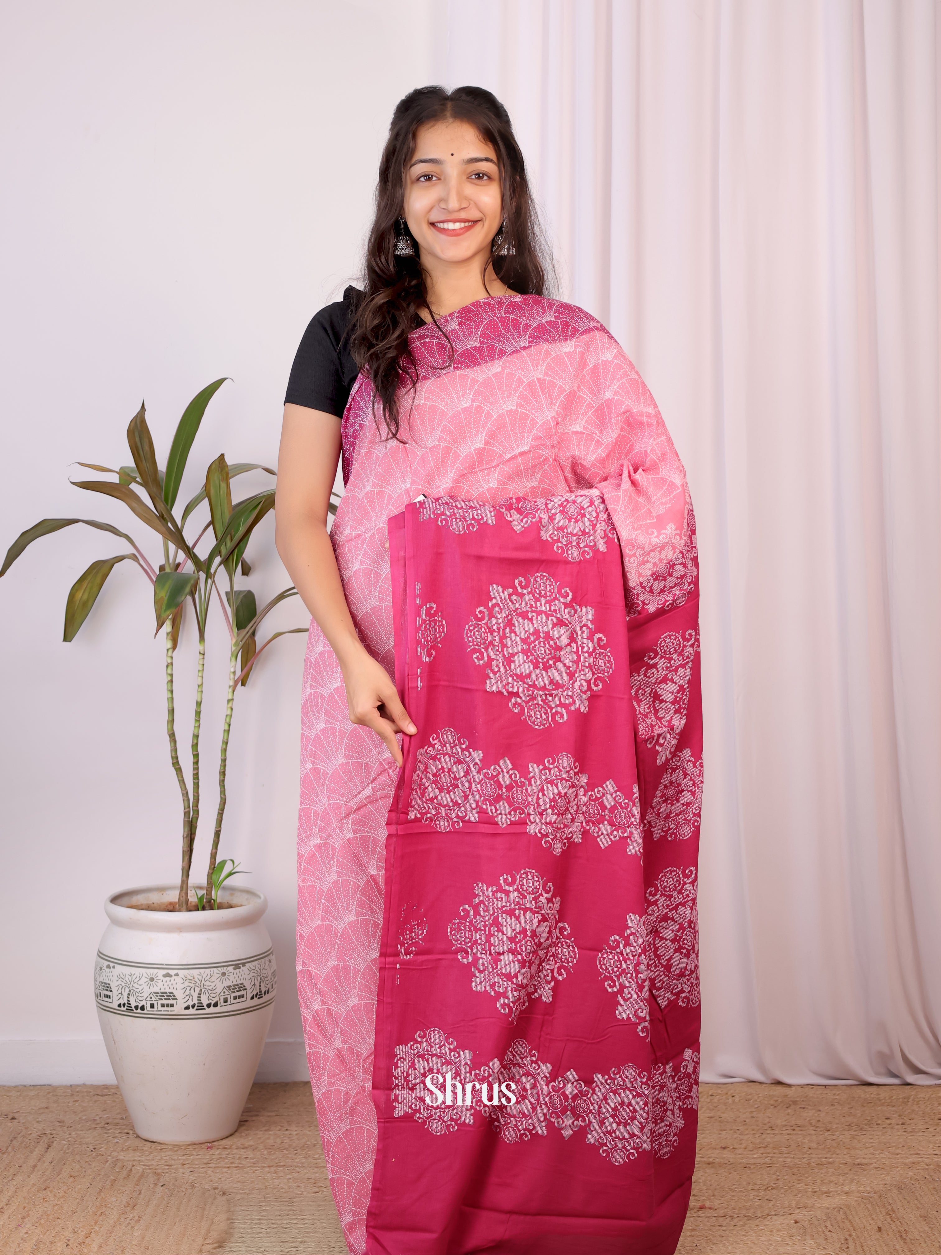 Baby Pink & Pink - Cotton Saree - Shop on Shrus.com