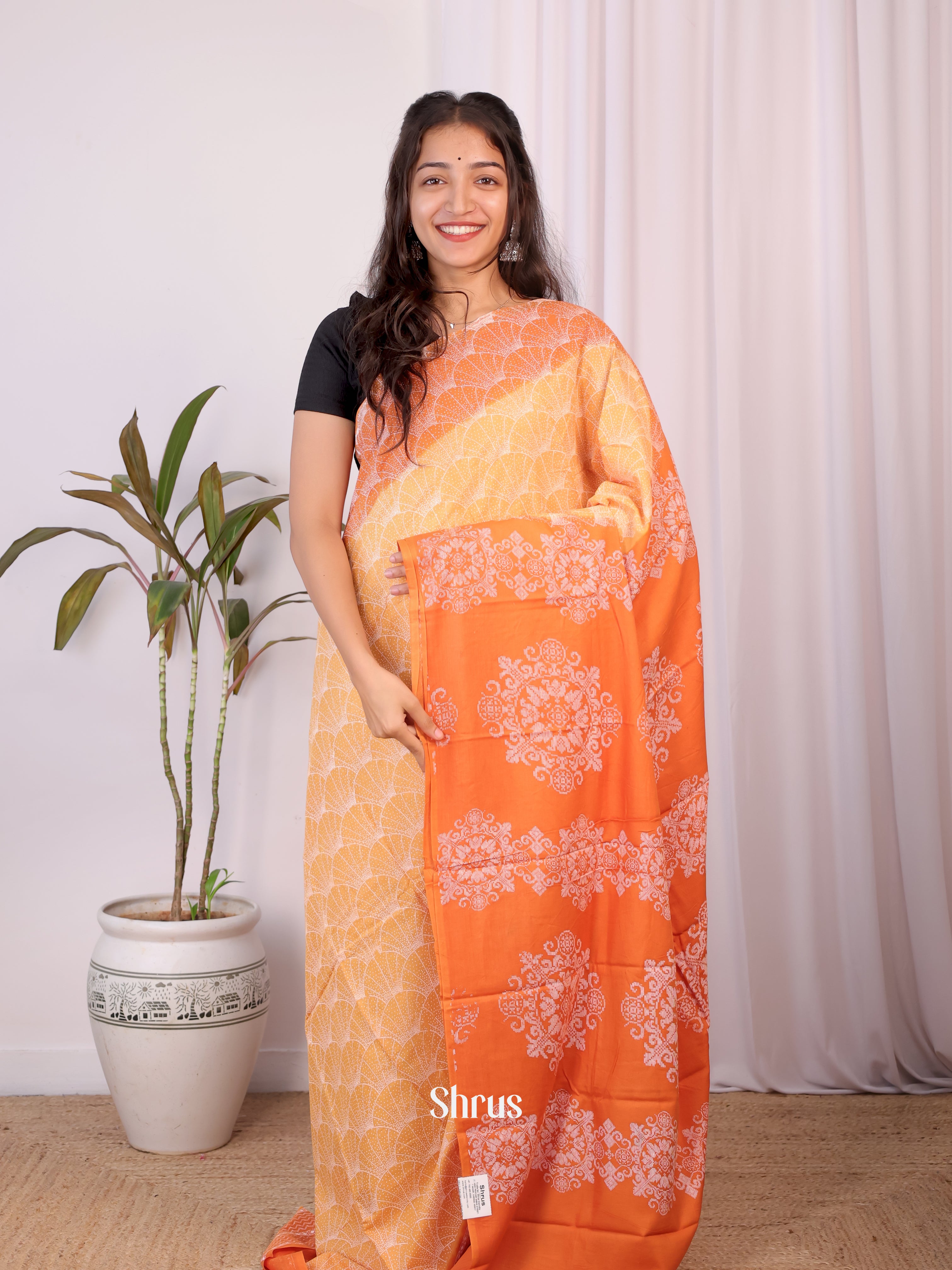 Peach & Orange - Cotton Saree - Shop on Shrus.com