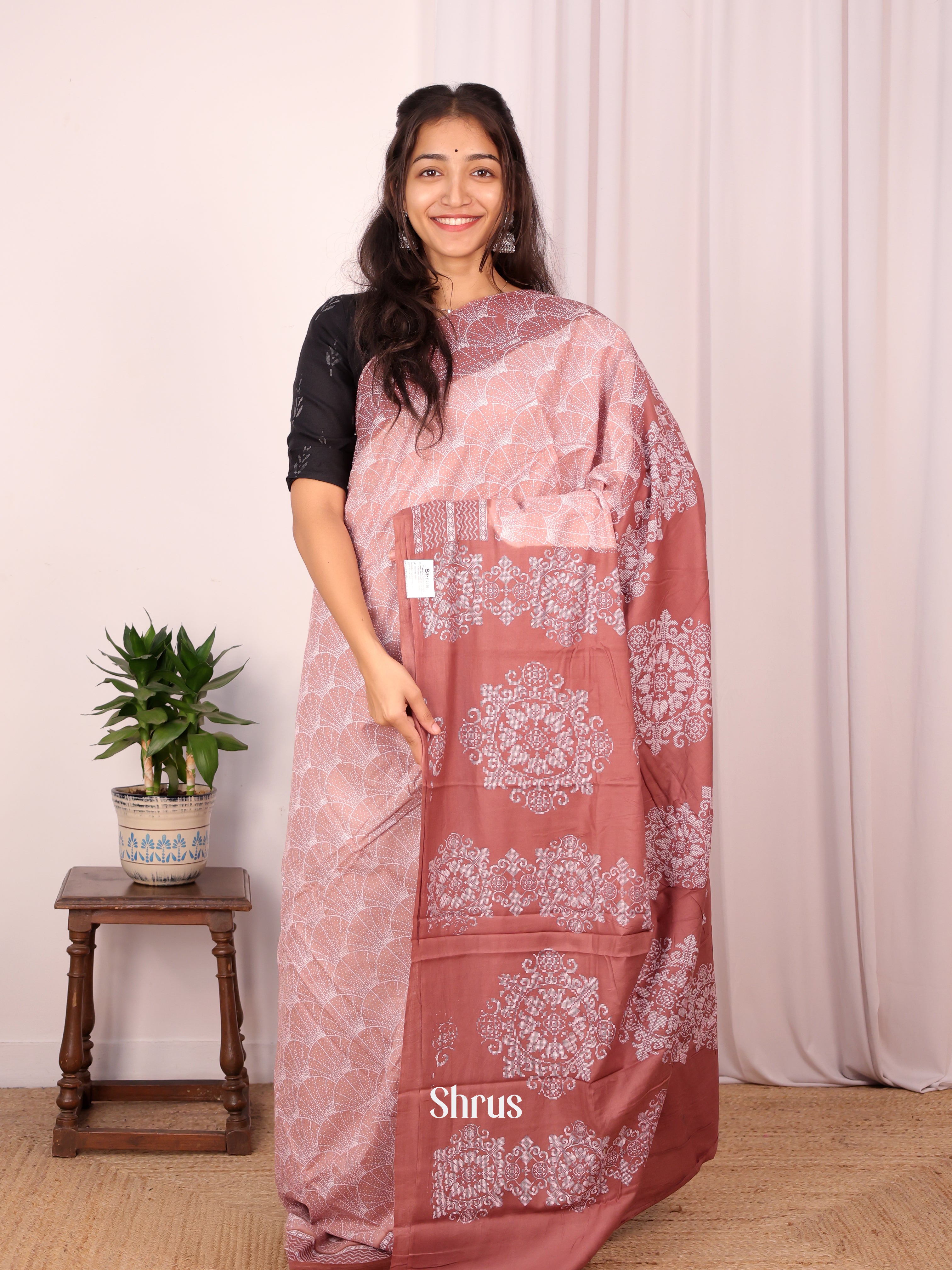 Onion Pink & Brown- Cotton Saree - Shop on Shrus.com