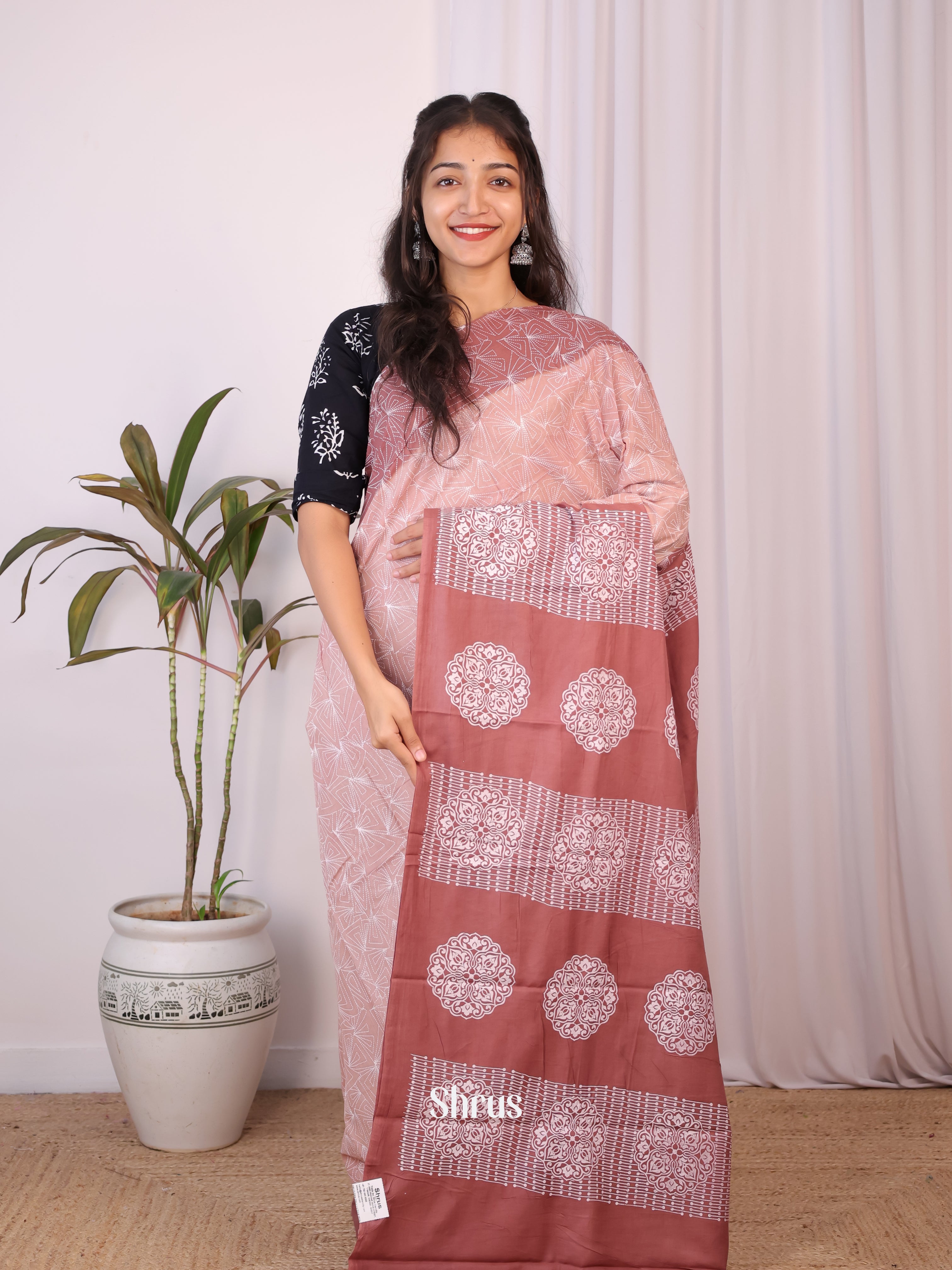 Lite Brown & Brown- Cotton Saree - Shop on Shrus.com