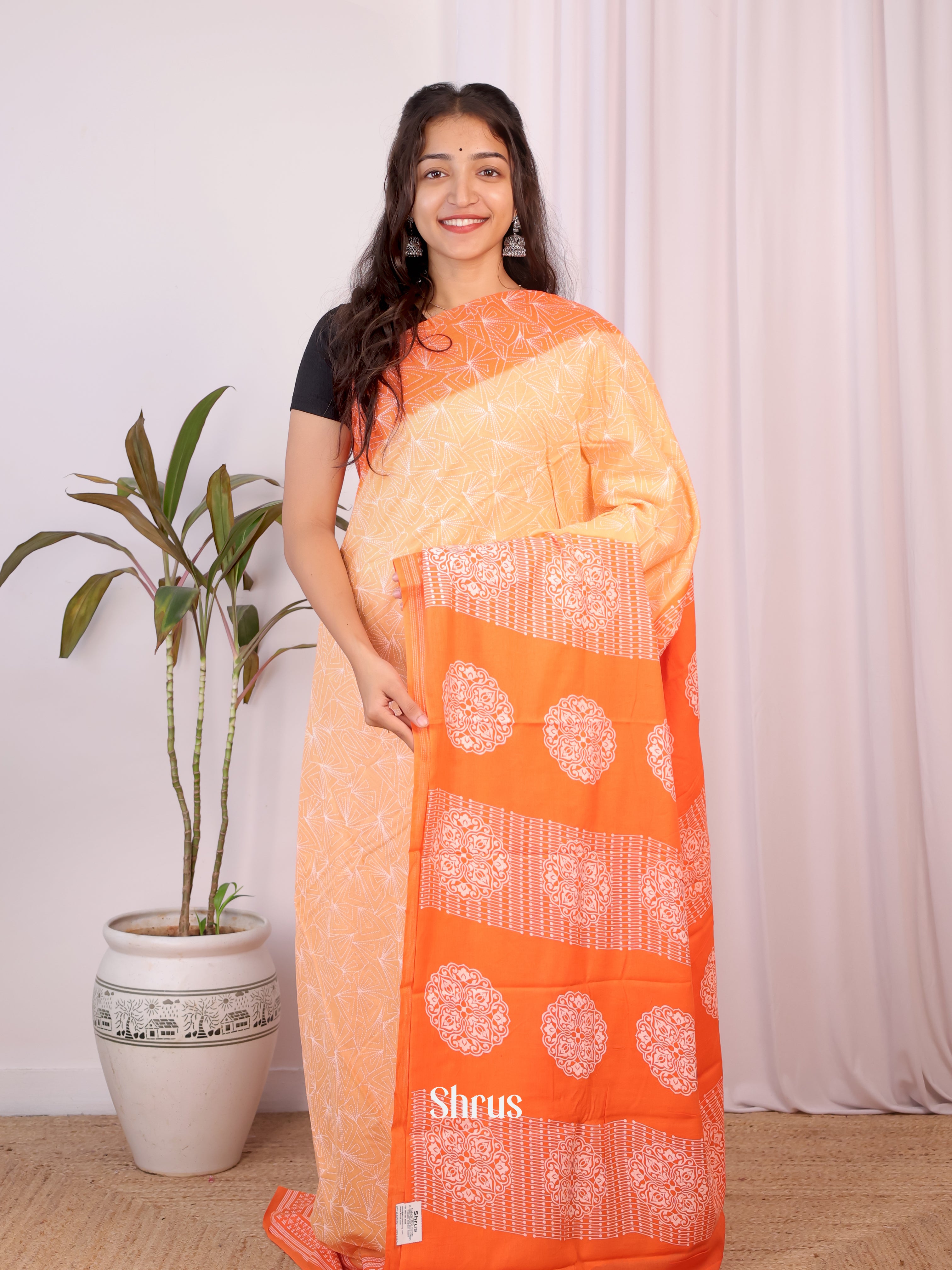 Peach & Orange - Cotton Saree - Shop on Shrus.com