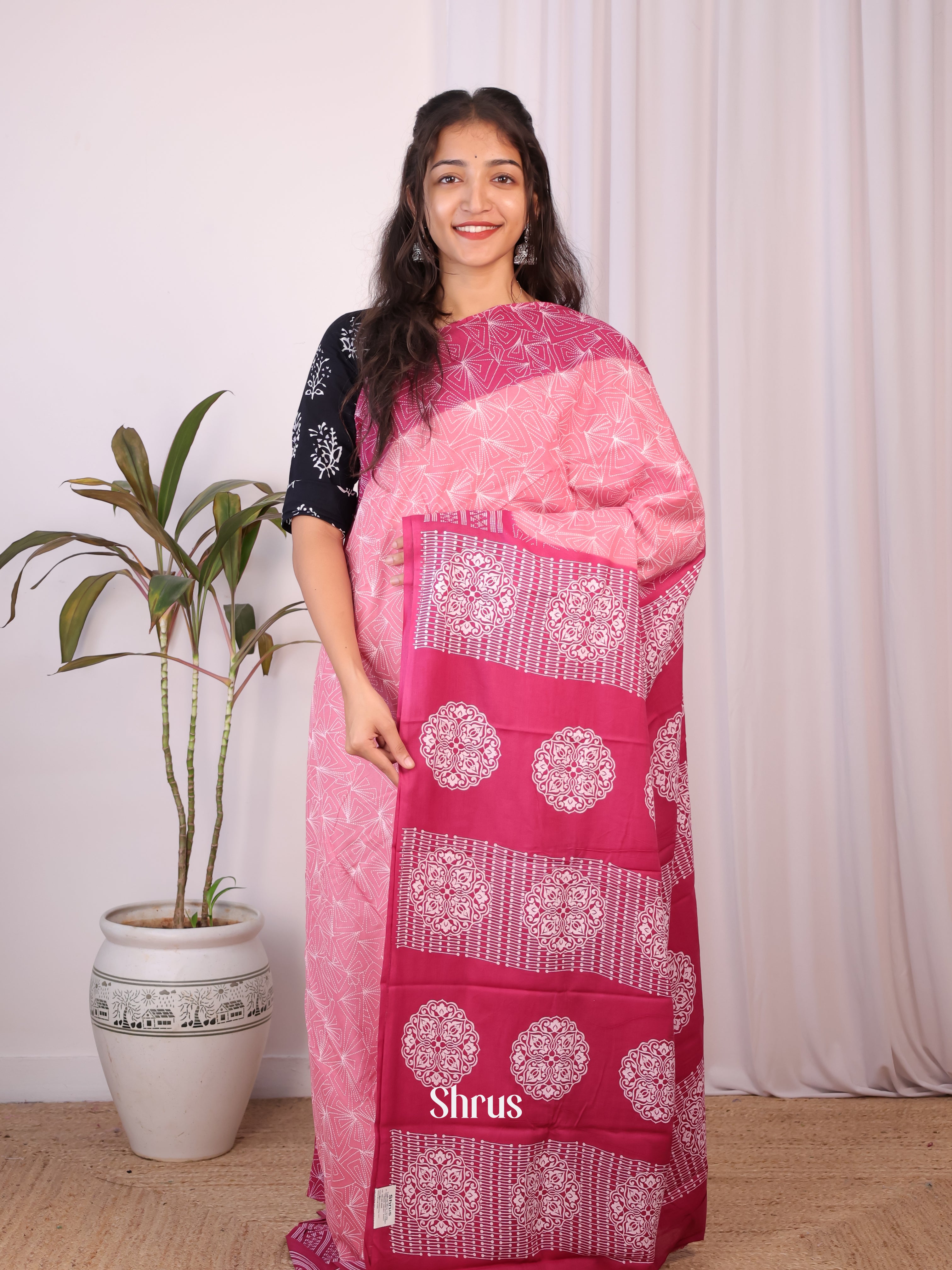 Pink & Deep Pink- Cotton Saree - Shop on Shrus.com