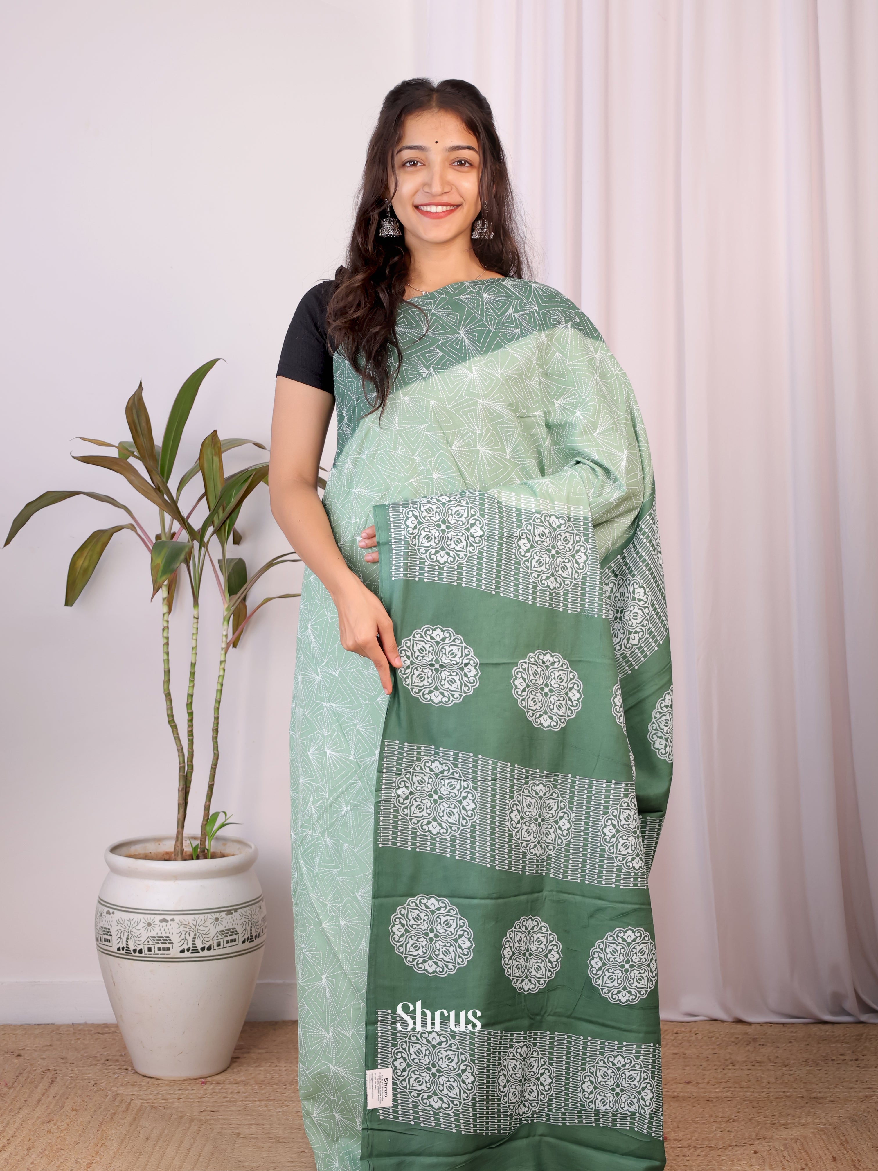 Grey Green & Green - Cotton Saree - Shop on Shrus.com