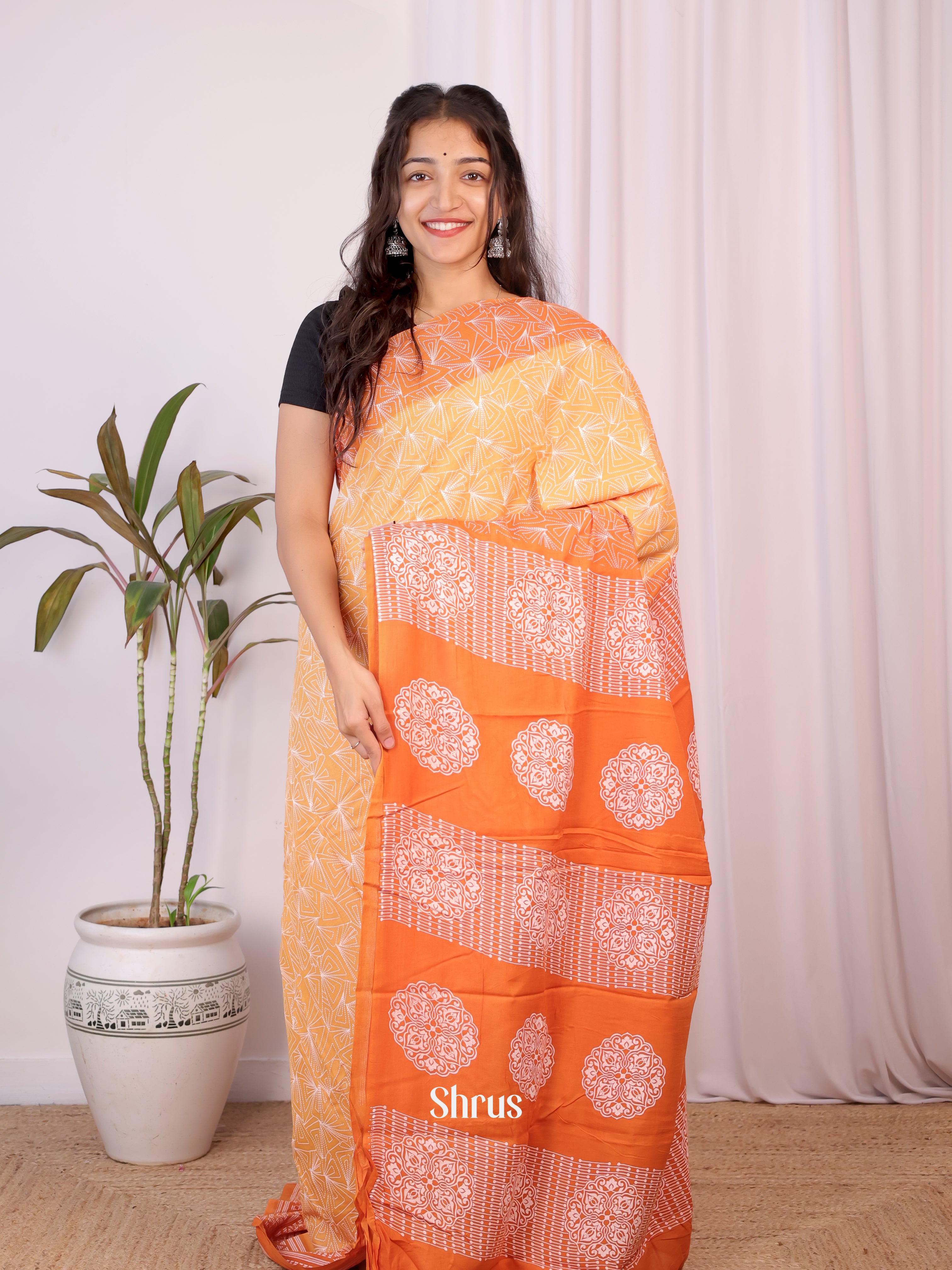 Peach & Orange - Cotton Saree - Shop on Shrus.com