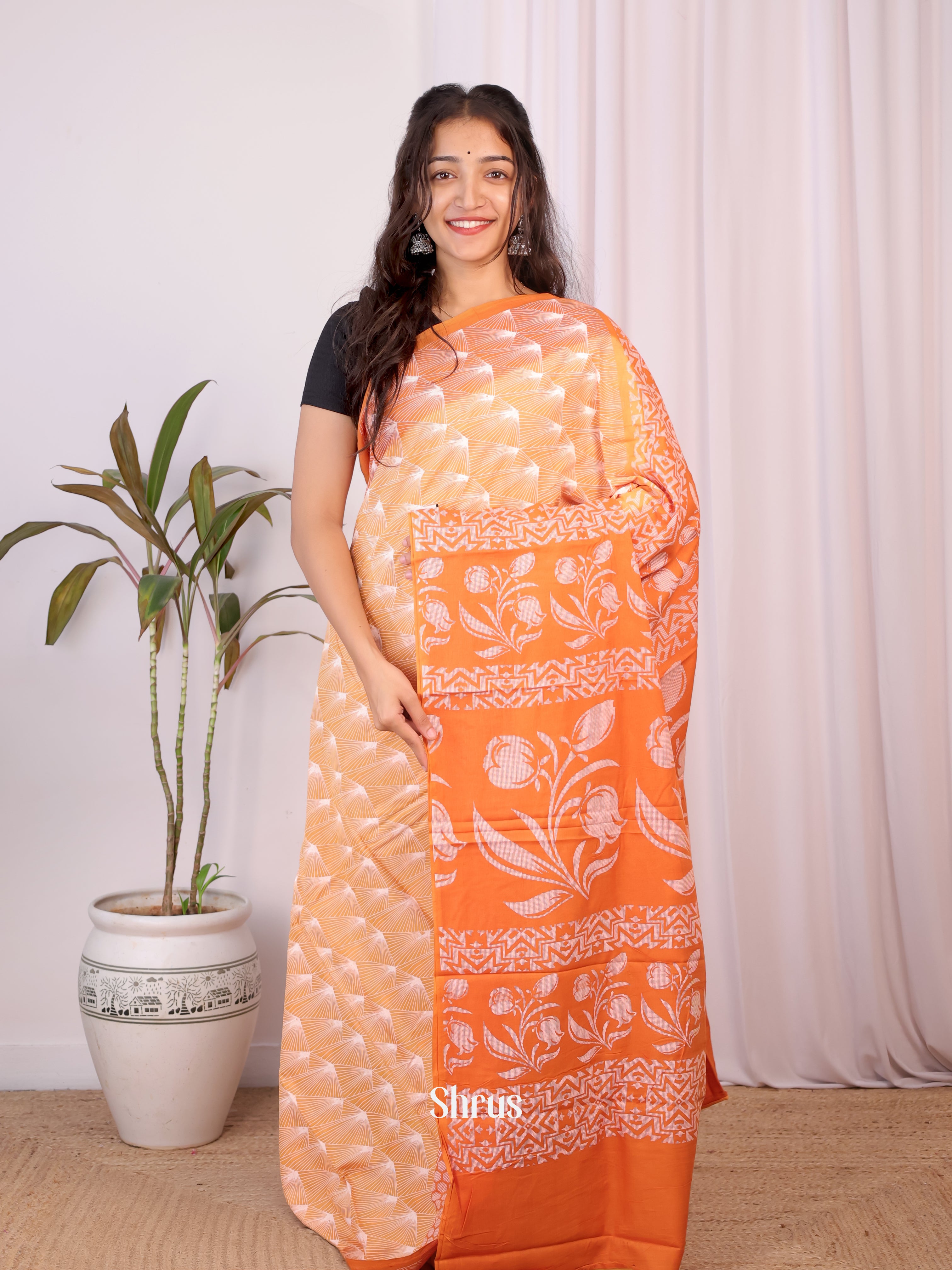 Peach & Orange - Cotton Saree - Shop on Shrus.com