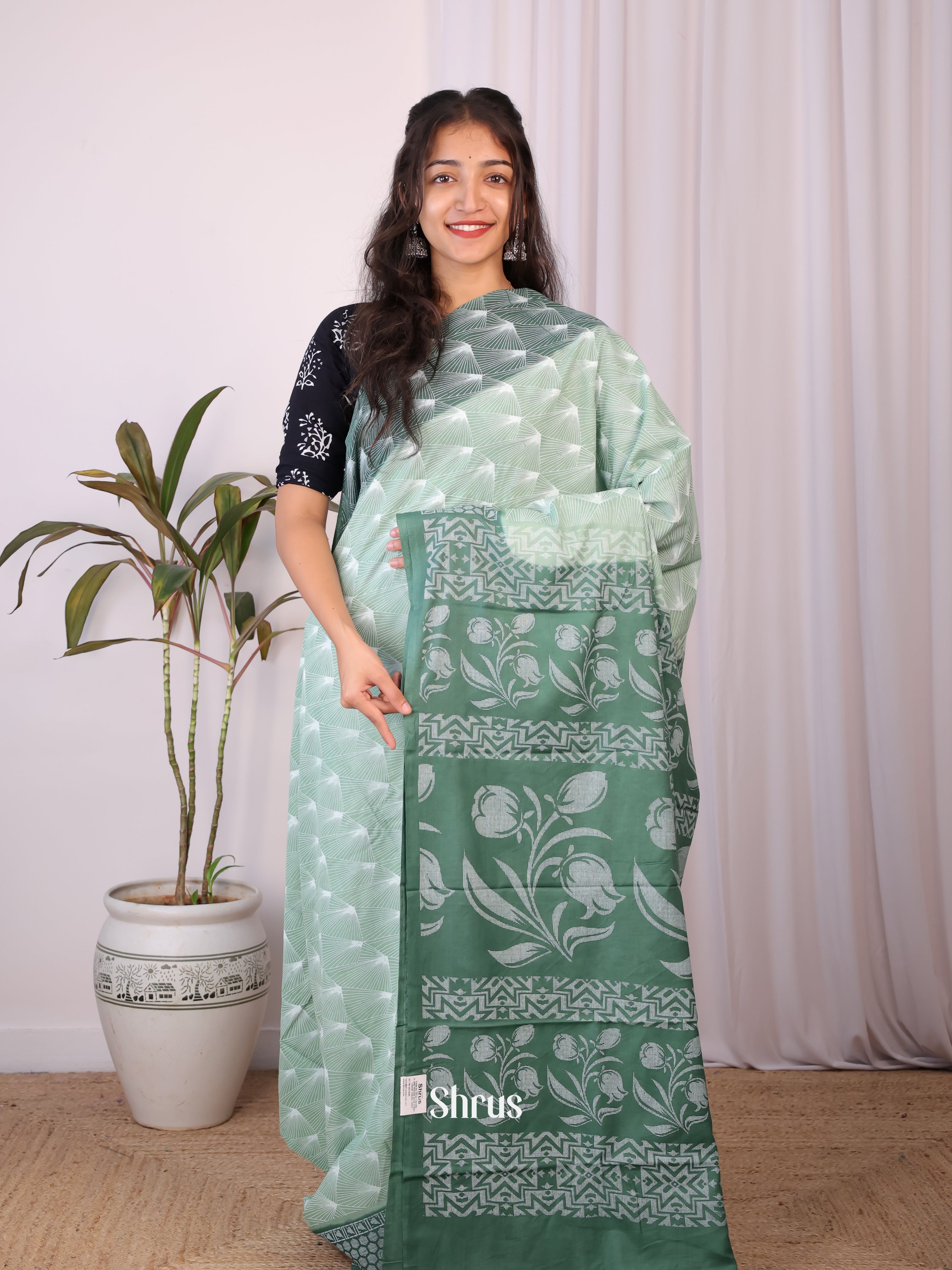 Grey Green & Green- Cotton Saree - Shop on Shrus.com