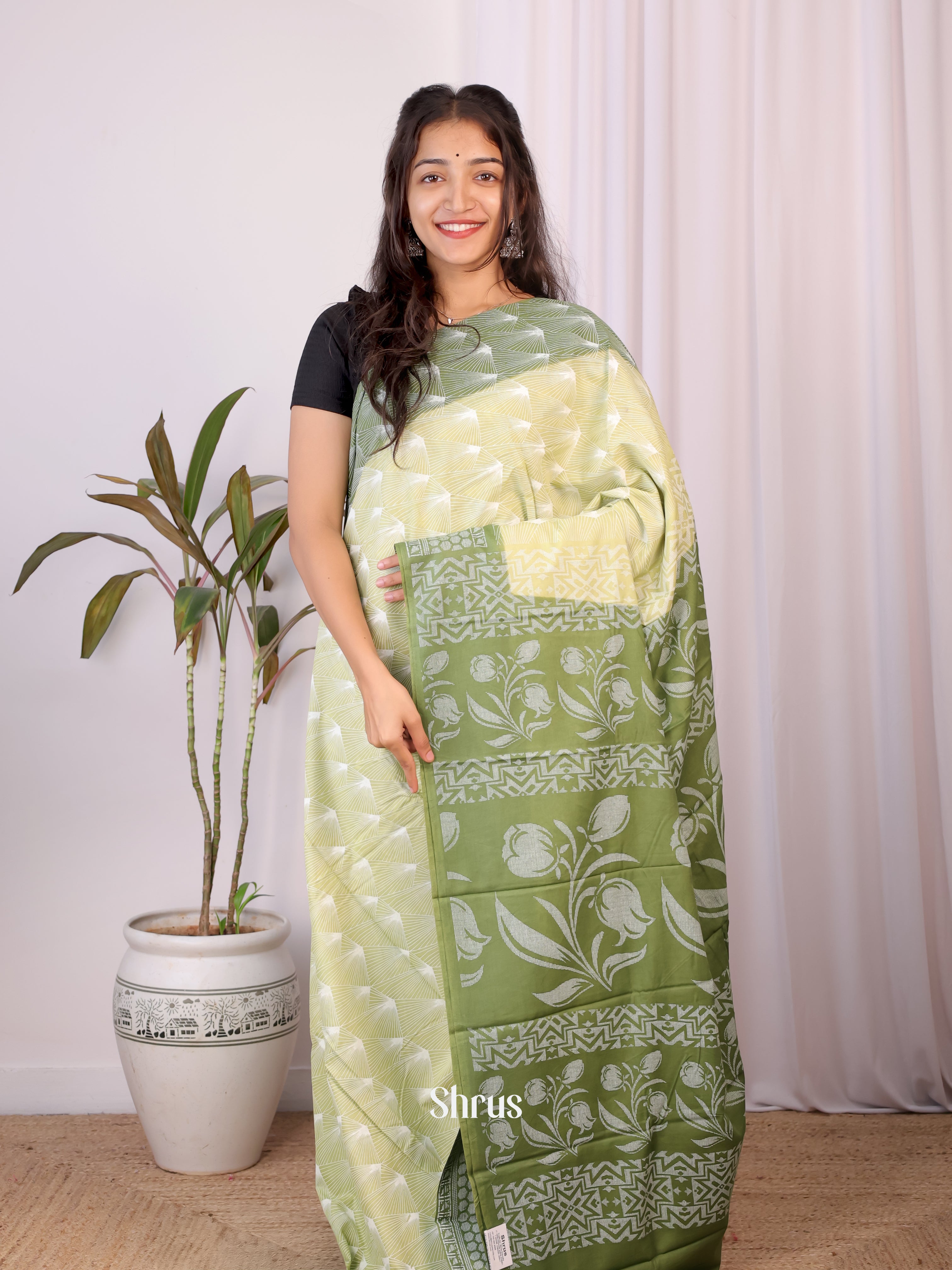 Lite Green & Green - Cotton Saree - Shop on Shrus.com