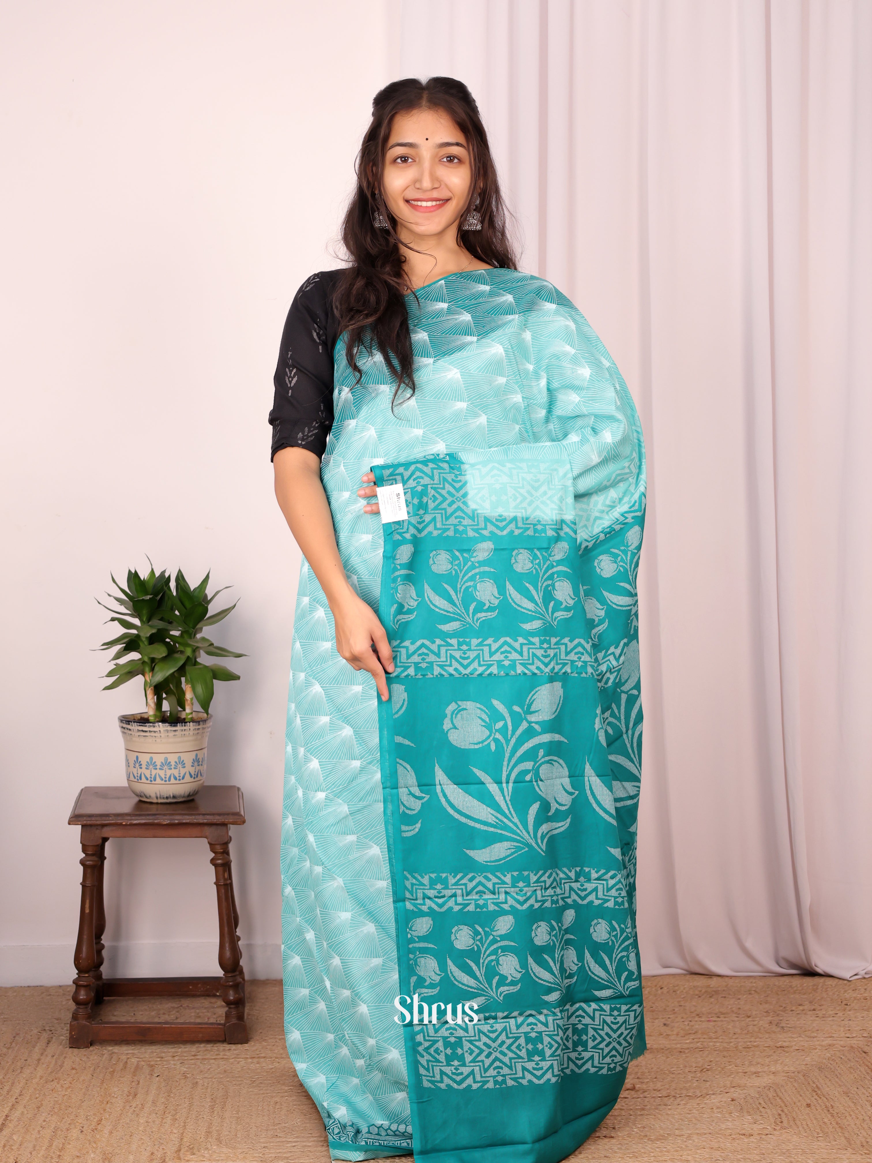 Lite Blue & Teal - Cotton Saree - Shop on Shrus.com