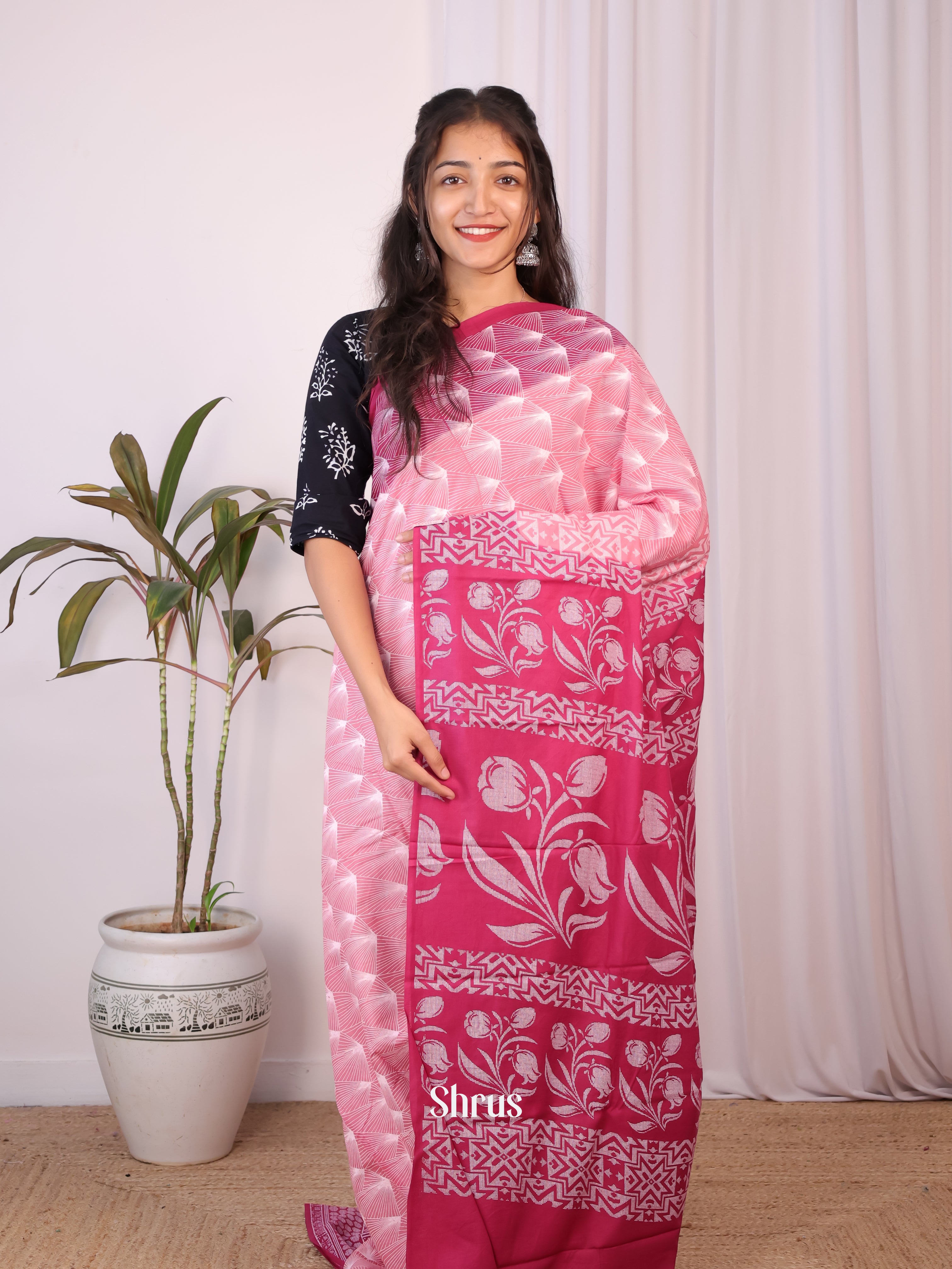Pink & Majenta- Cotton Saree - Shop on Shrus.com