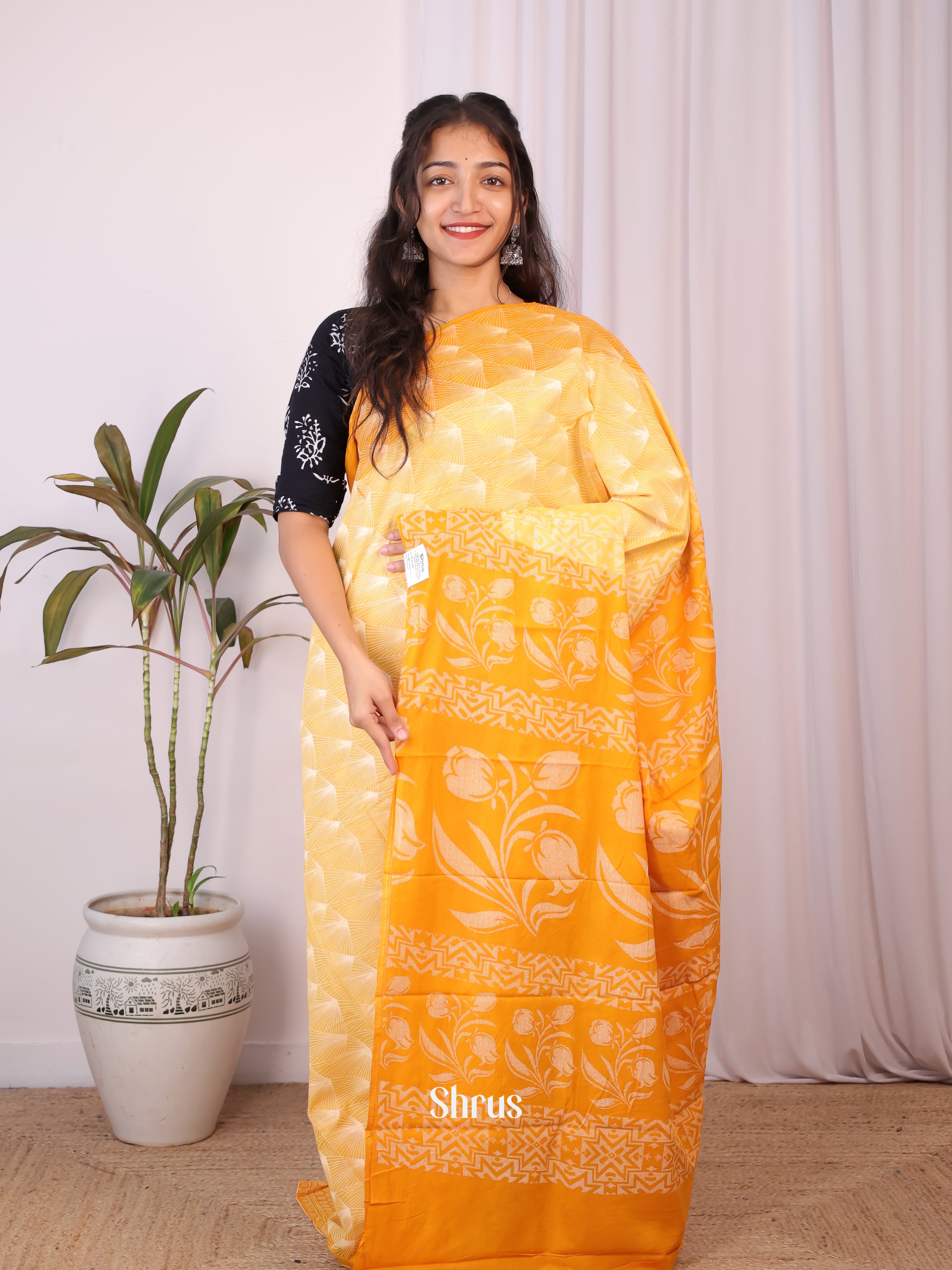 Lite Yellow & Mustard- Cotton Saree - Shop on Shrus.com