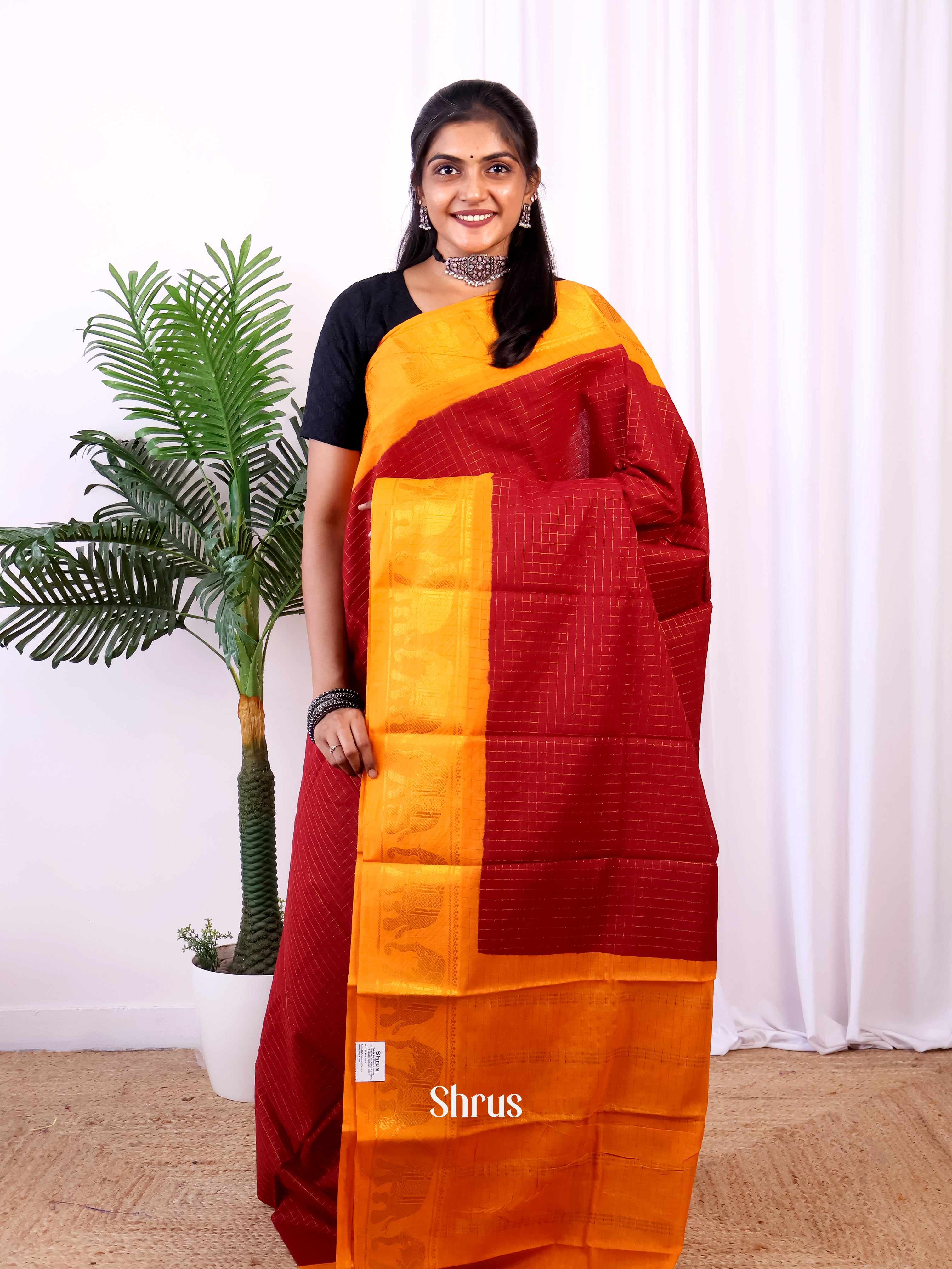 Red & Mustard - Sungudi Cotton Saree - Shop on Shrus.com