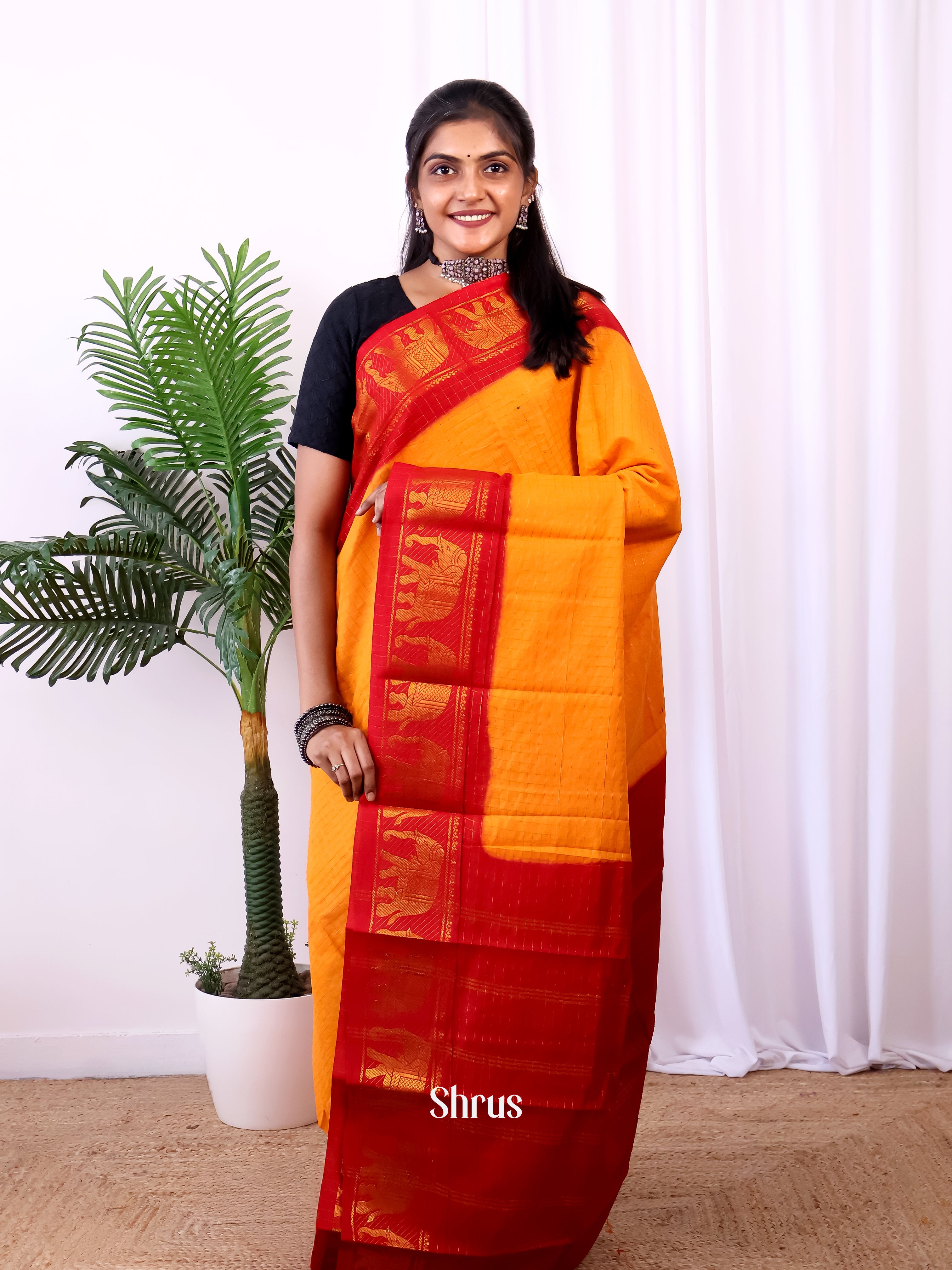Yellow & Red - Sungudi Cotton Saree - Shop on Shrus.com