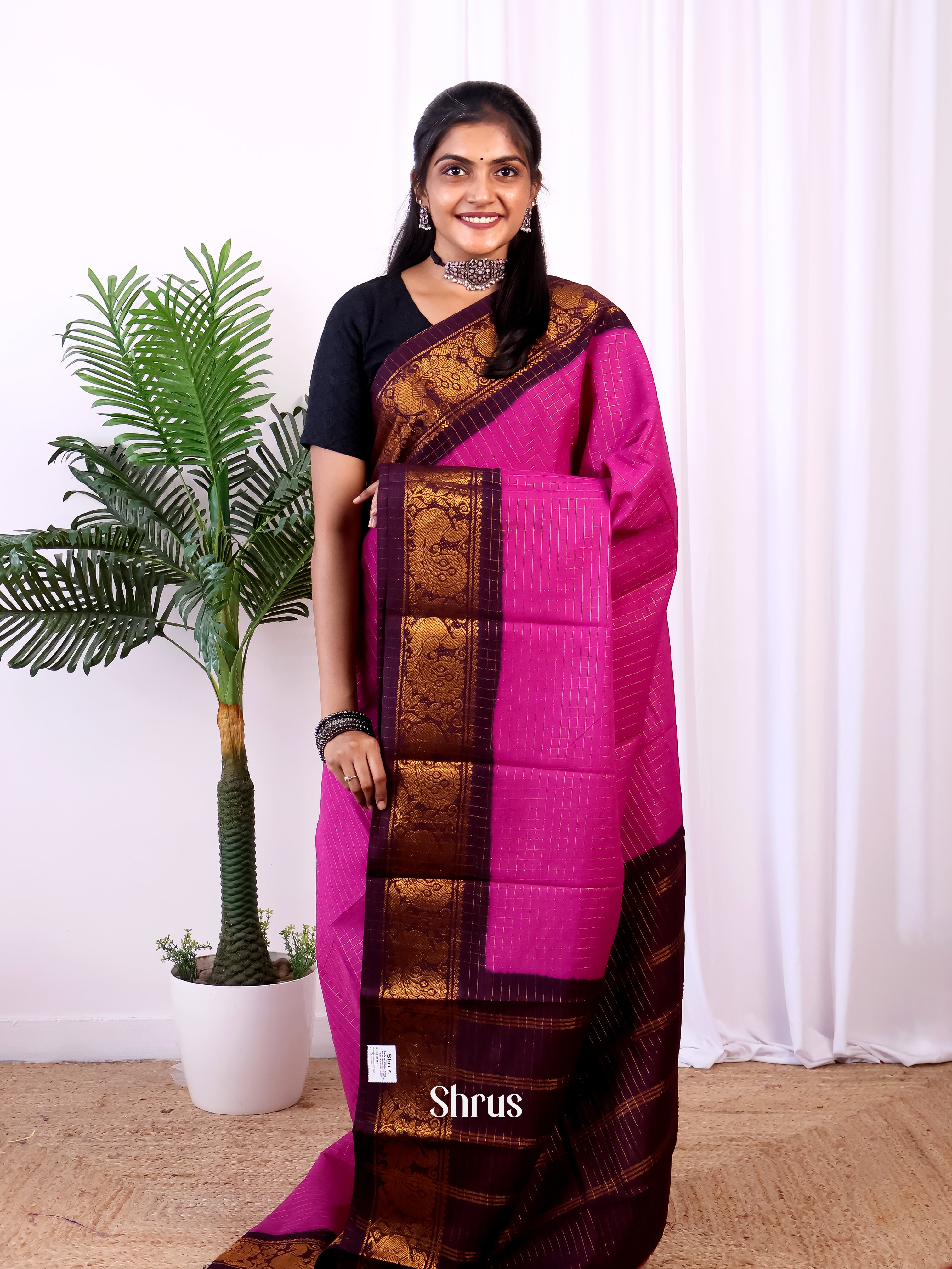 Pink & Brown - Sungudi Cotton Saree - Shop on Shrus.com