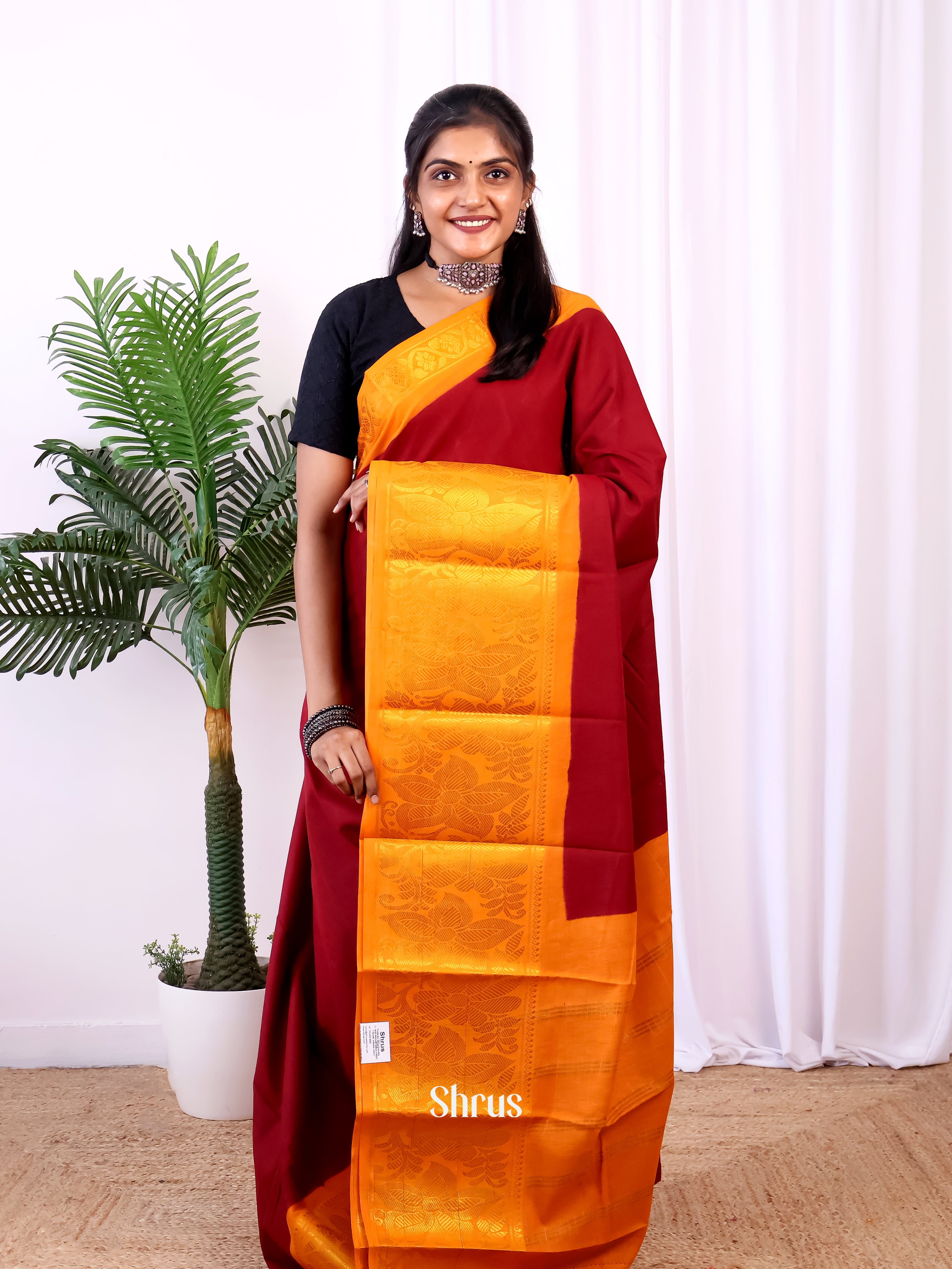 Maroon & Mustard - Sungudi Cotton Saree - Shop on Shrus.com