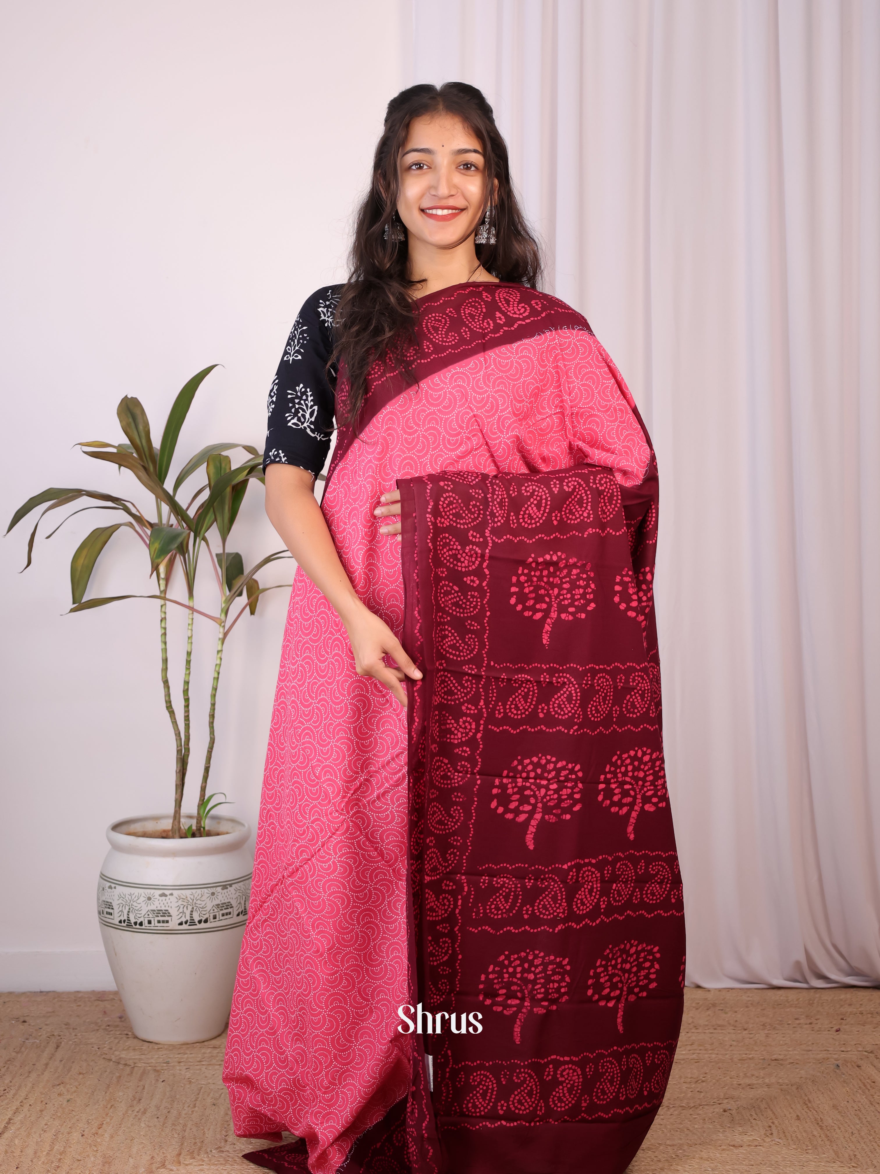 Pink & Maroon - Cotton Saree - Shop on Shrus.com