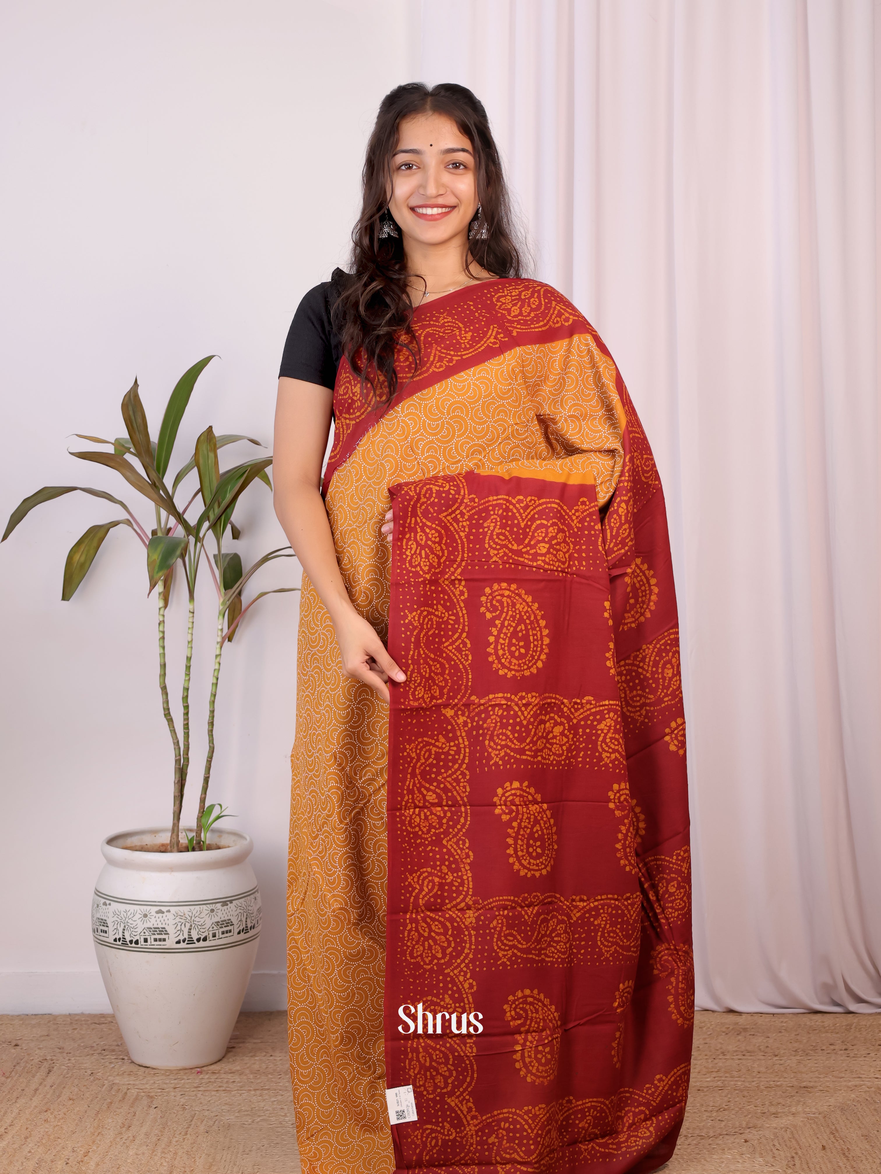 Mustard & Maroon- Cotton Saree - Shop on Shrus.com