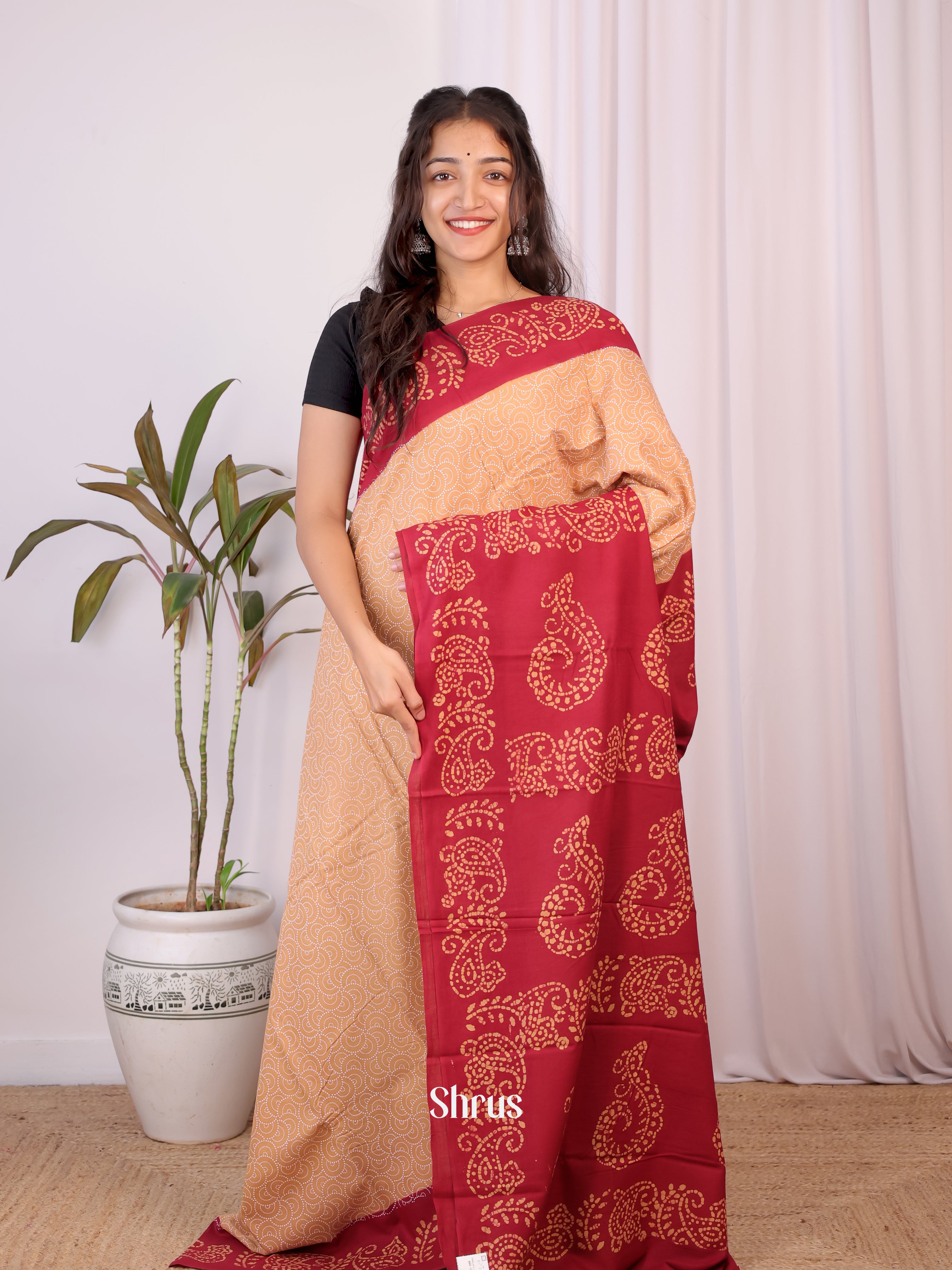 Peach & Maroon - Cotton Saree - Shop on Shrus.com