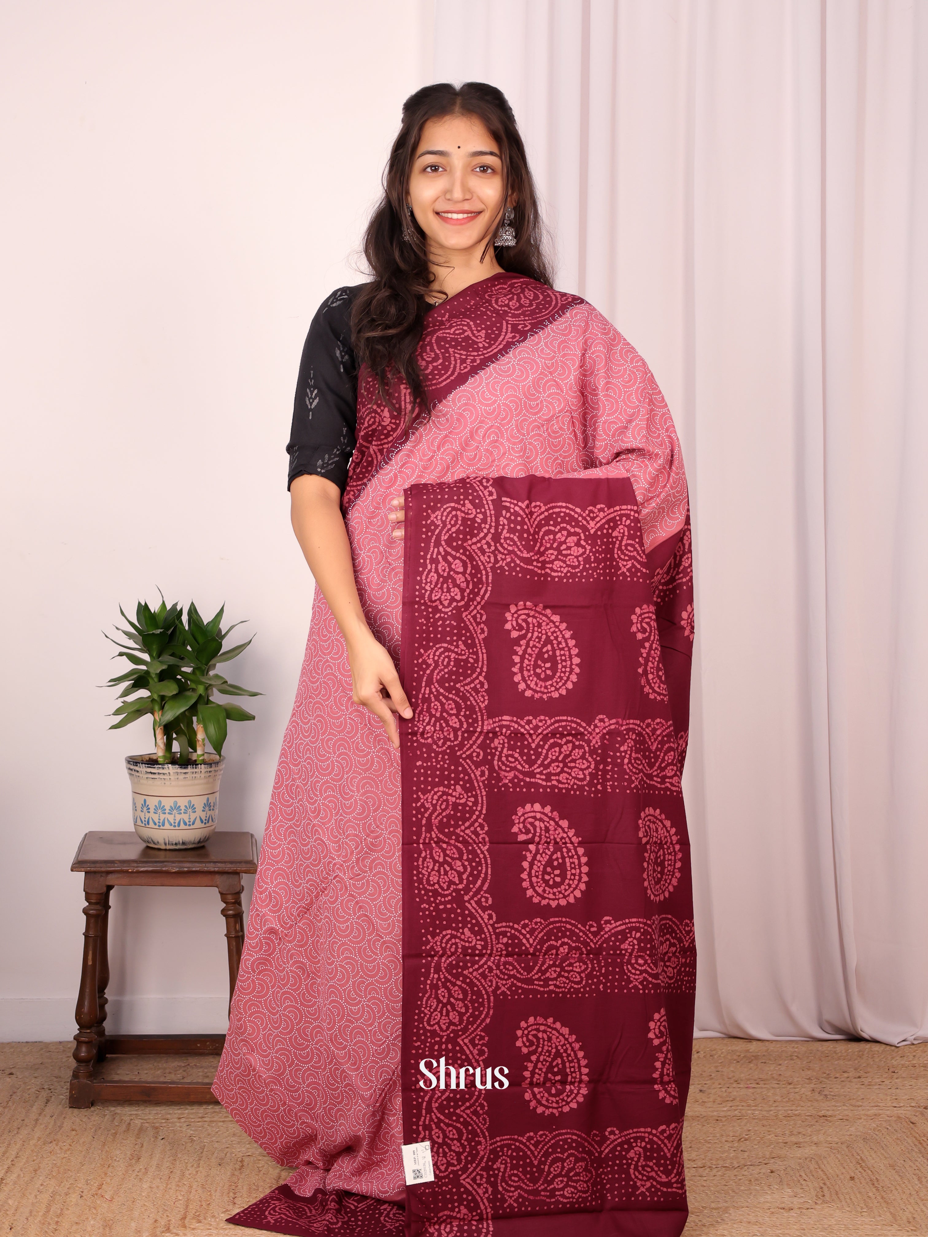 Pink & Maroon - Cotton Saree - Shop on Shrus.com