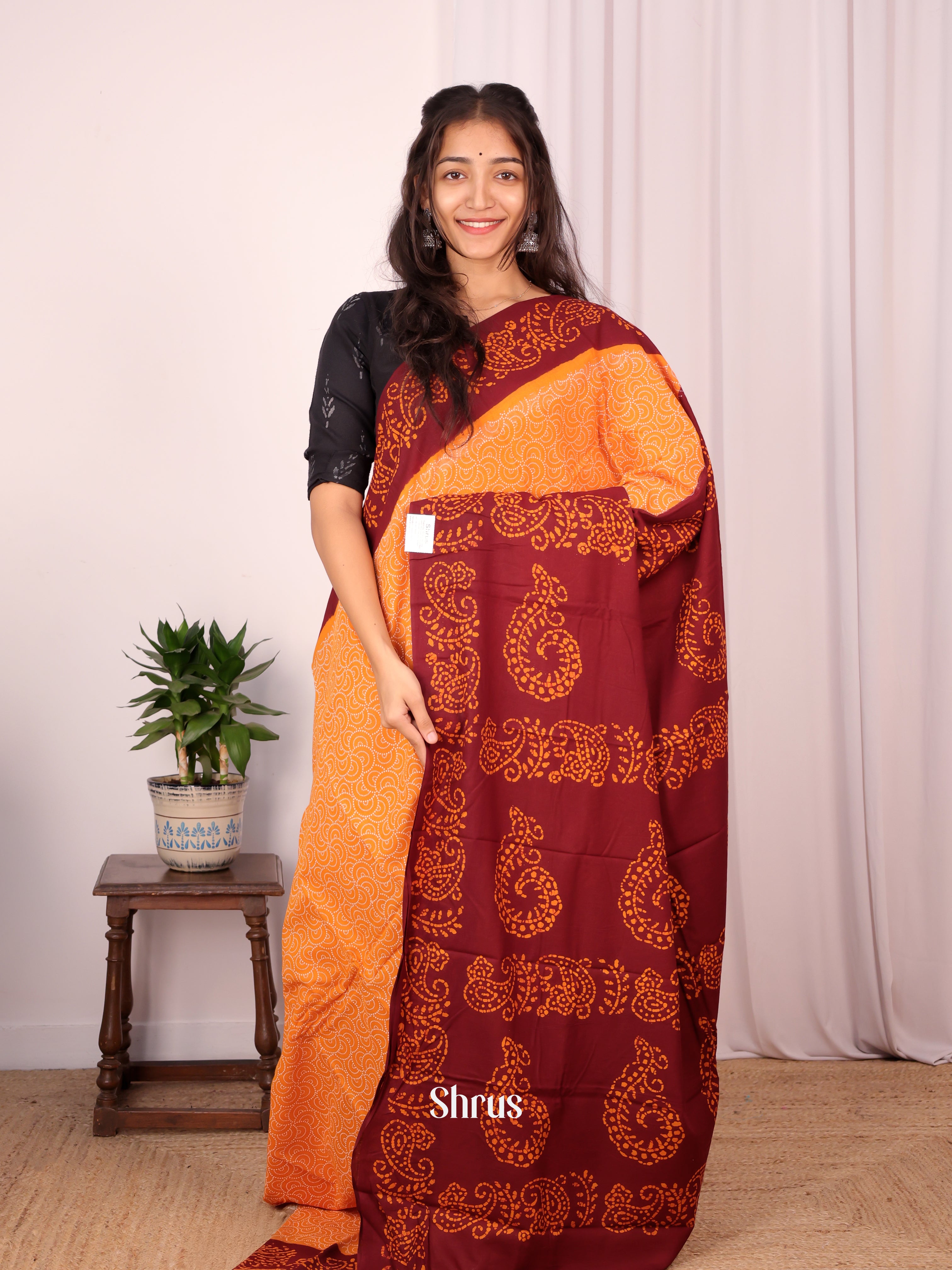 Mustard & Maroon - Cotton Saree - Shop on Shrus.com