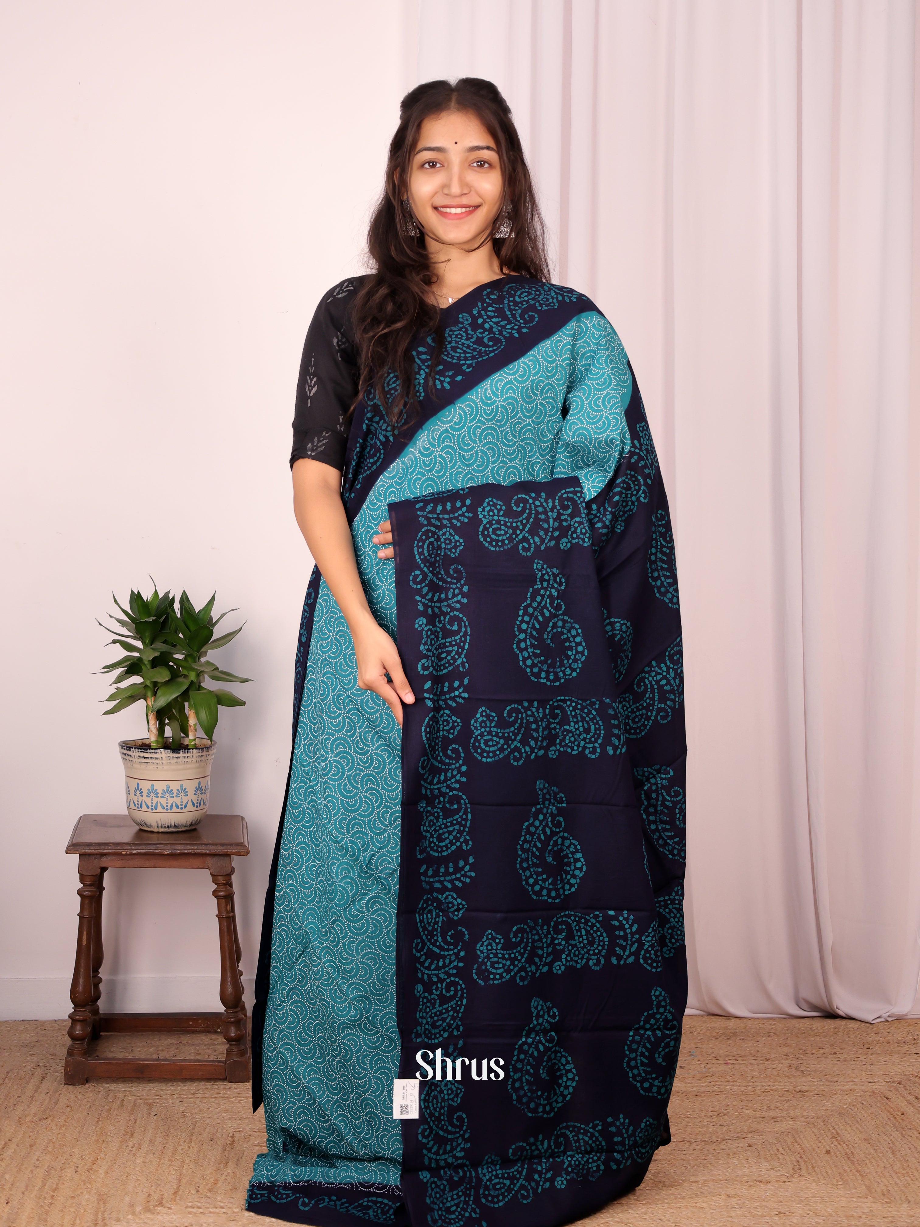 Teal & Blue- Cotton Saree - Shop on Shrus.com