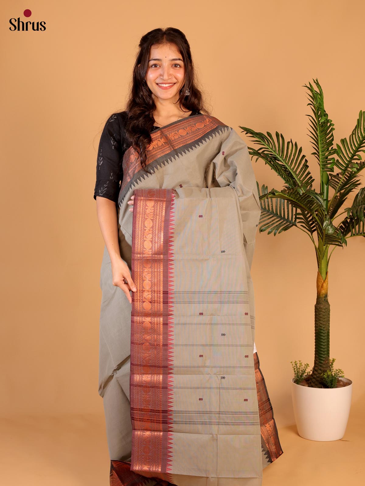 Grey & Brown - Chettinad Cotton Saree - Shop on Shrus.com