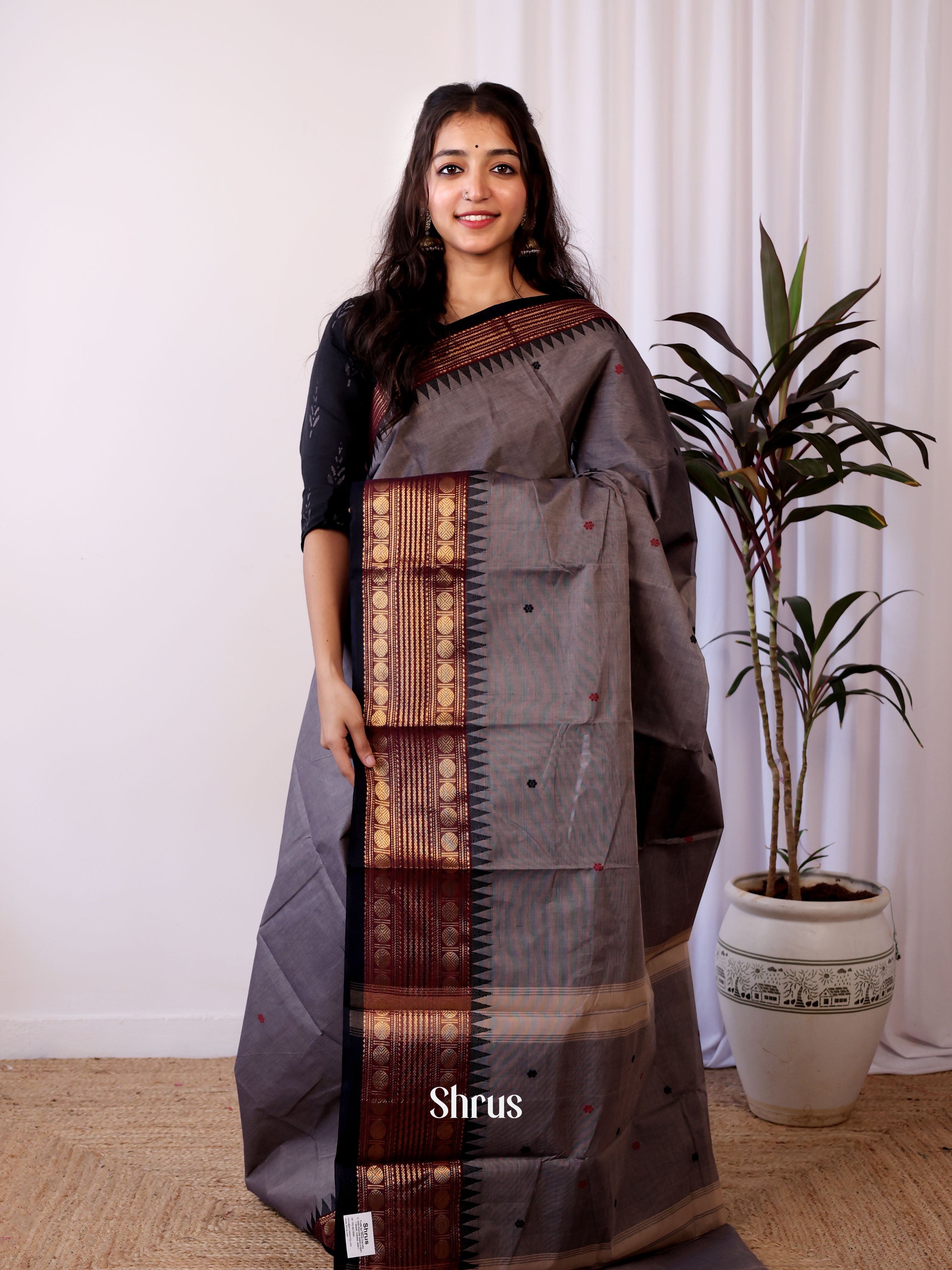 Grey & Black - Chettinad Cotton Saree - Shop on Shrus.com