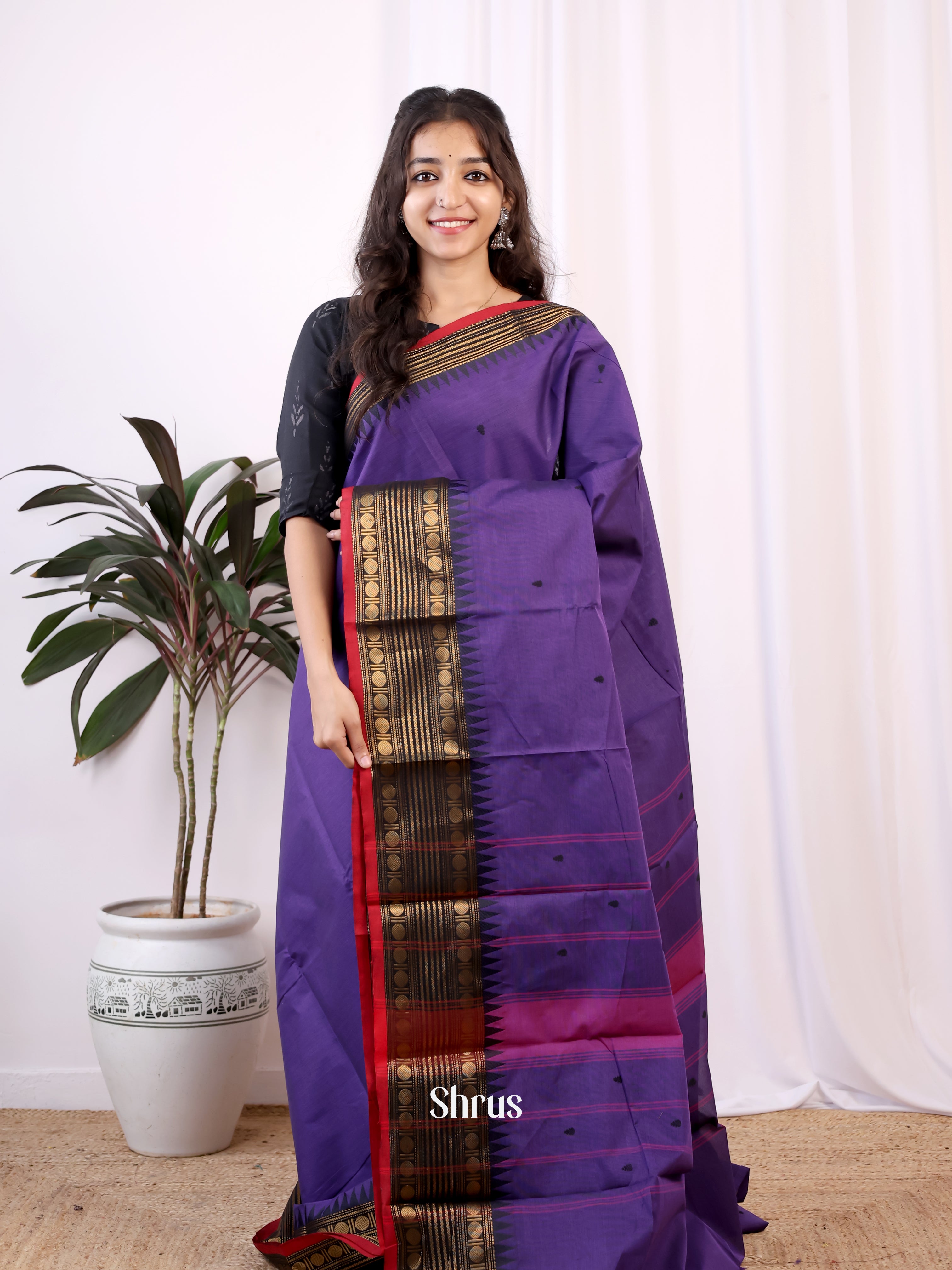 Purple & Black - Chettinad Cotton Saree - Shop on Shrus.com