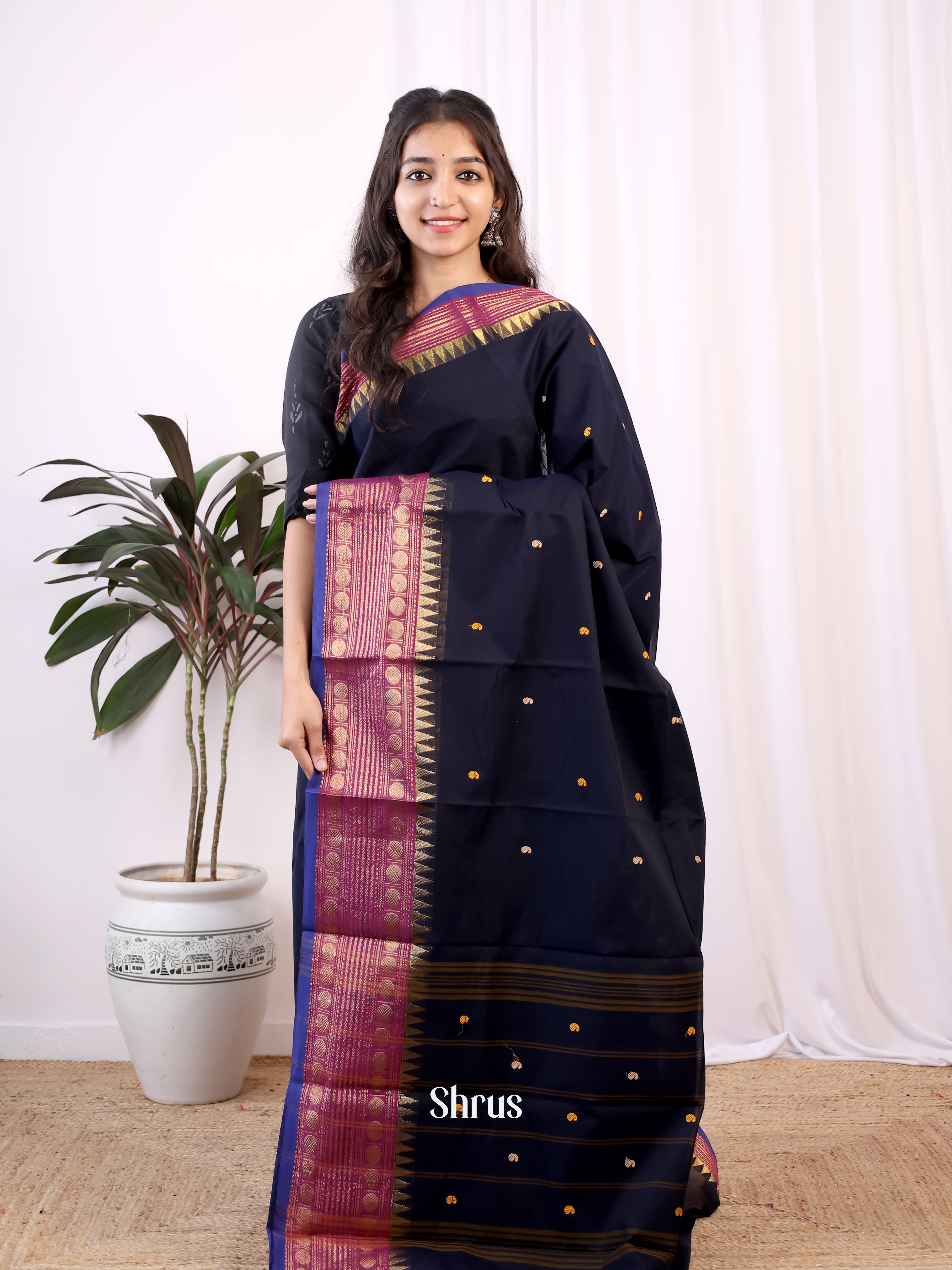 Black & Purple - Chettinad Cotton Saree - Shop on Shrus.com