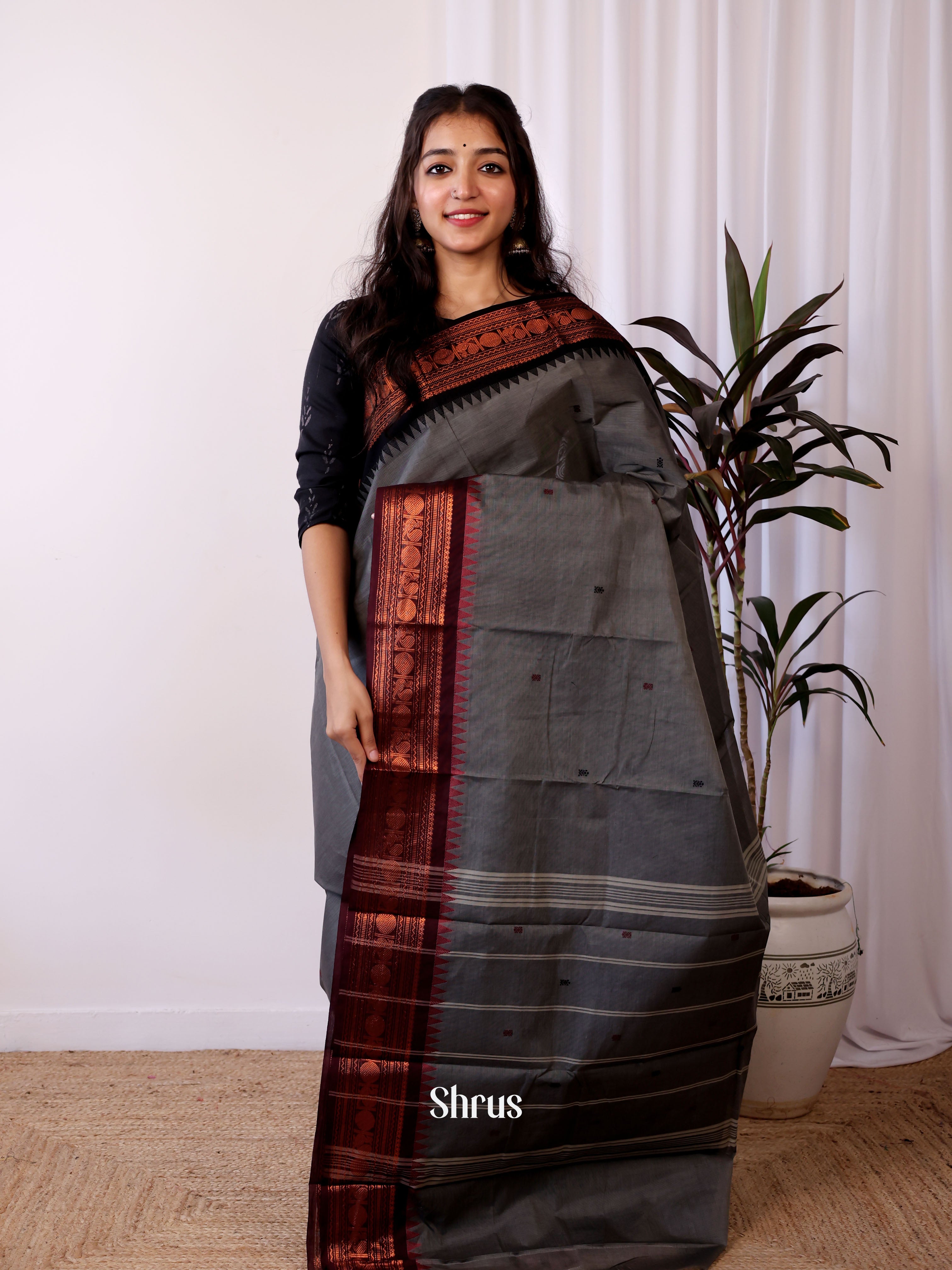 Grey & Black - Chettinad Cotton Saree - Shop on Shrus.com