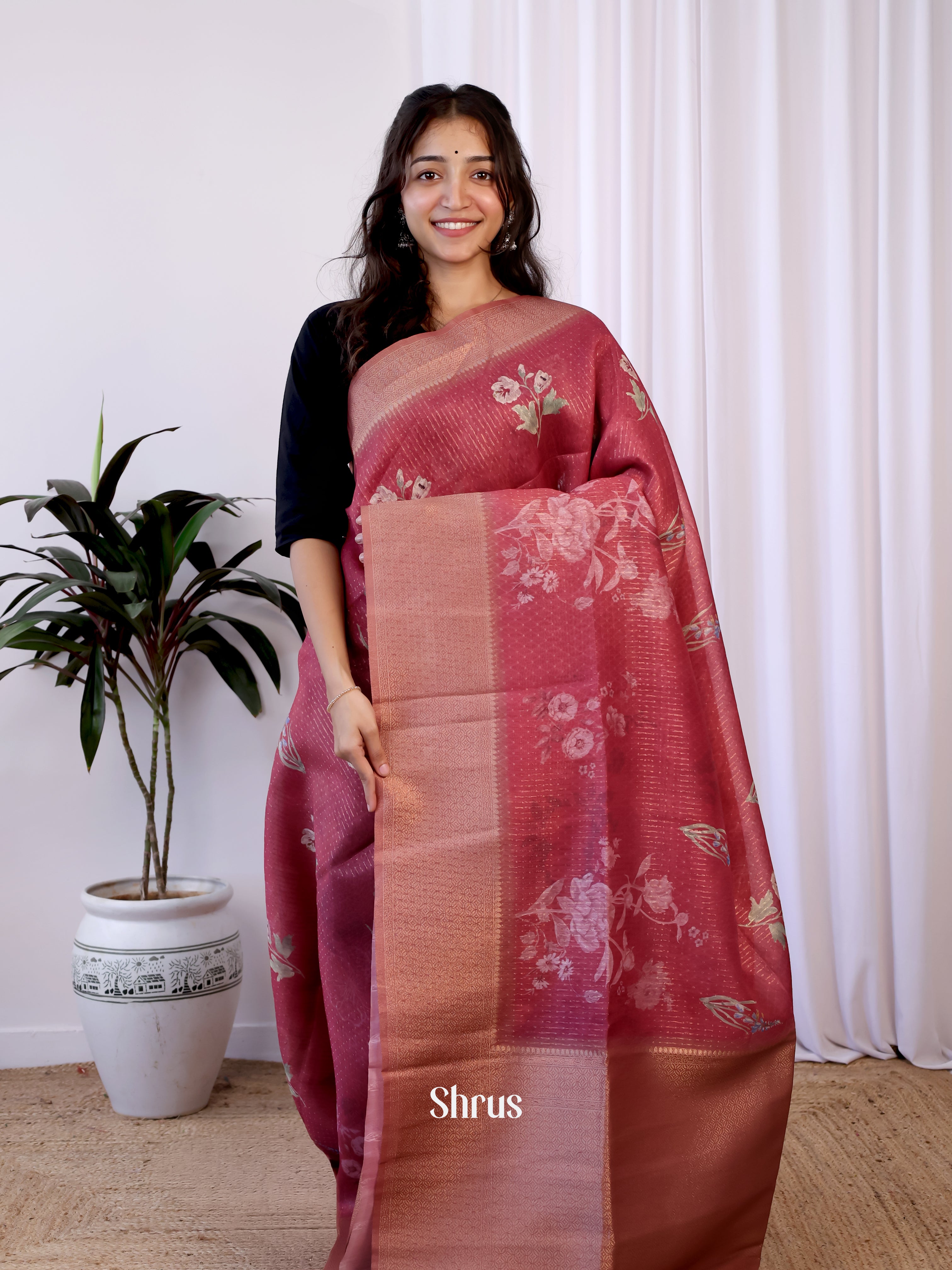 Maroon - Semi Jute Saree - Shop on Shrus.com