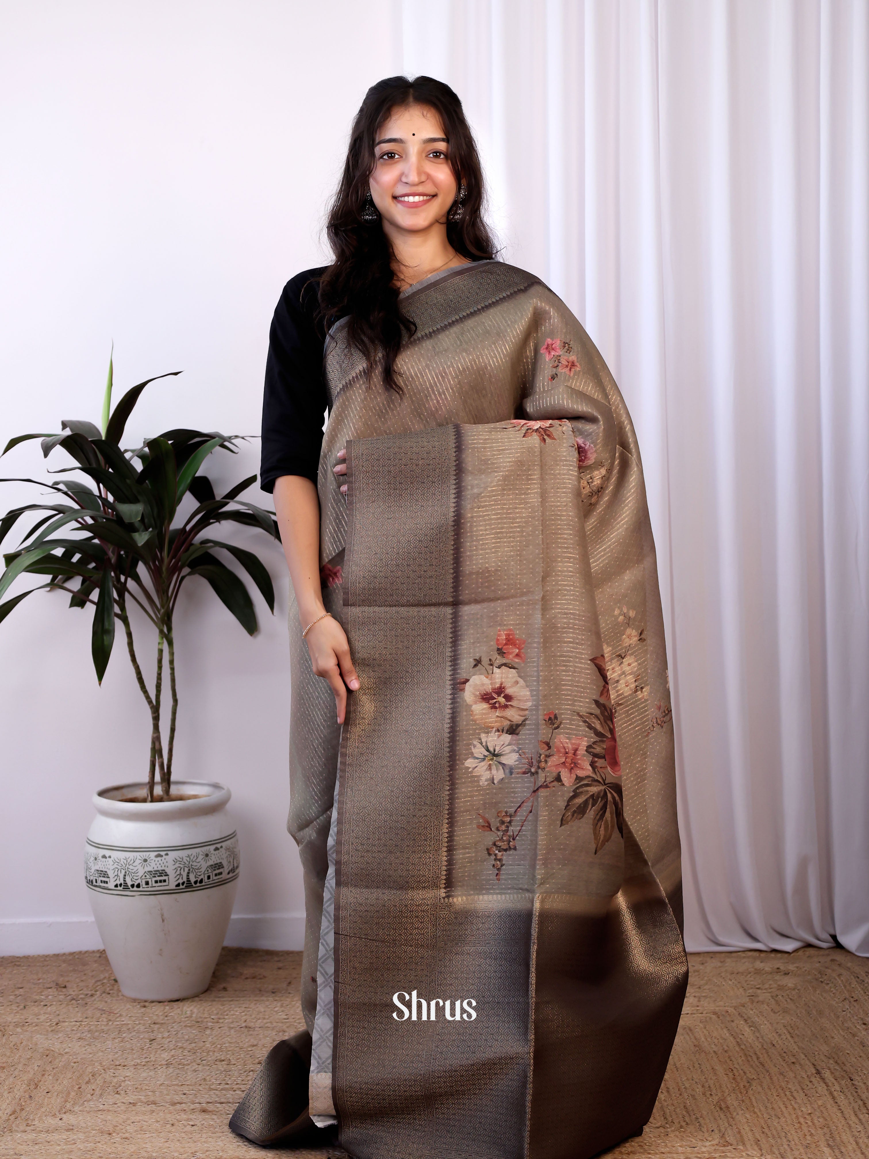 Grey & Brown - Semi Jute Saree - Shop on Shrus.com
