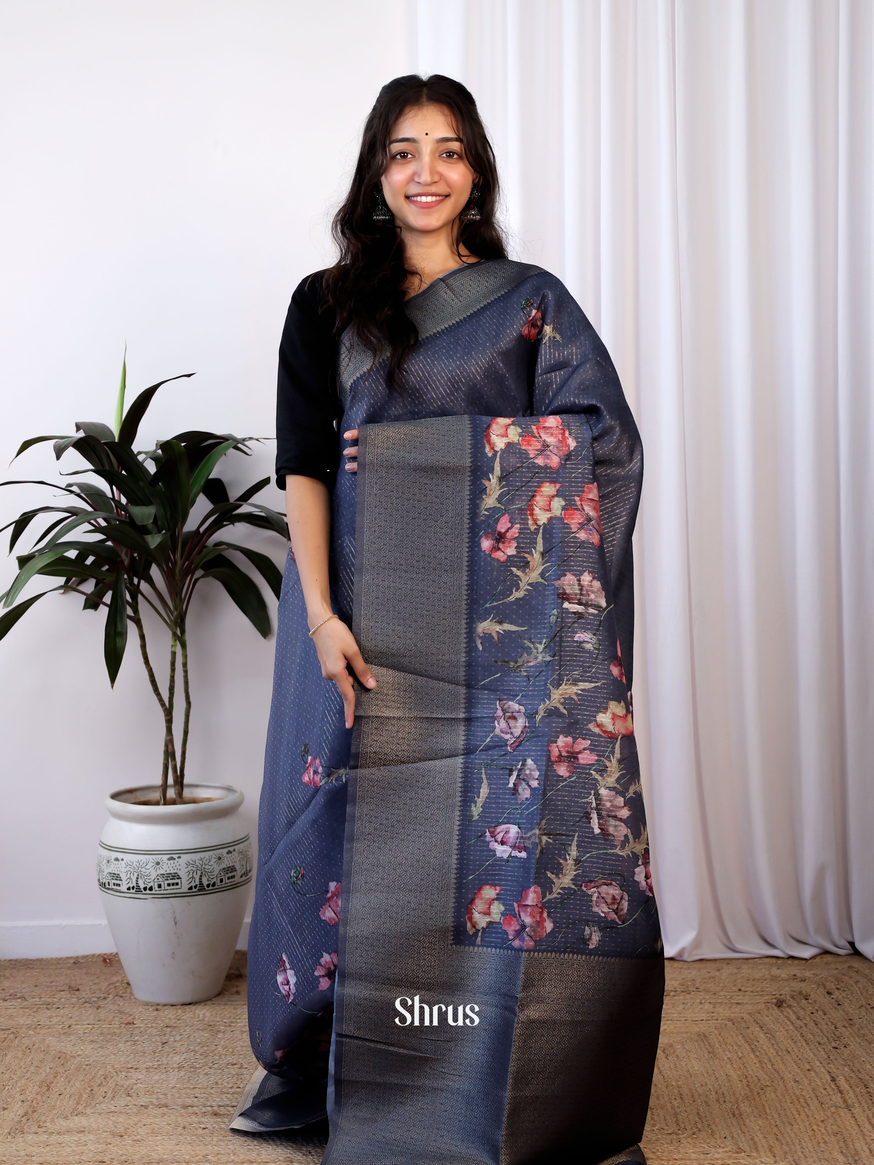 Blue - Semi Jute Saree - Shop on Shrus.com