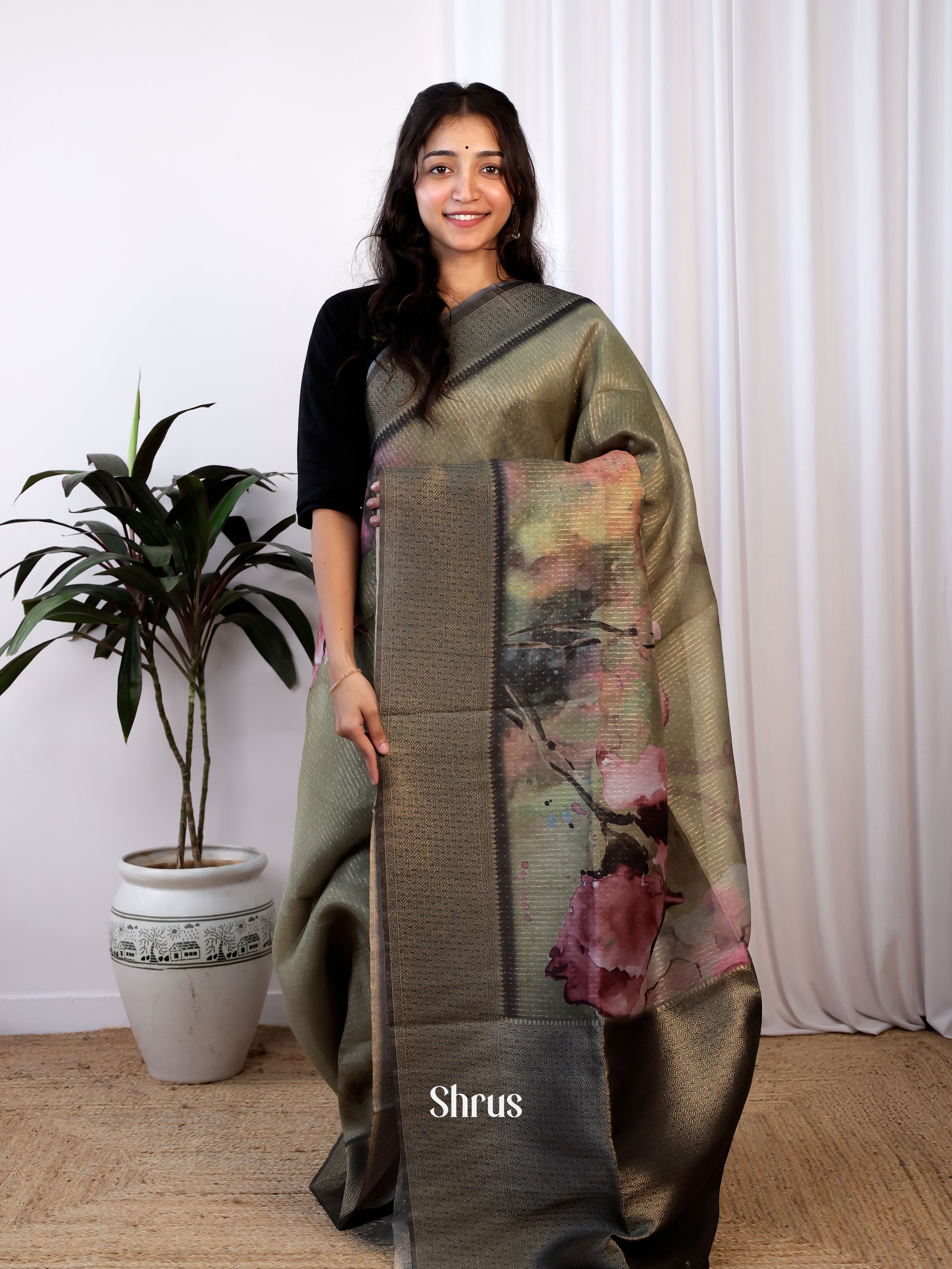 Green & Black - Semi Jute Saree - Shop on Shrus.com