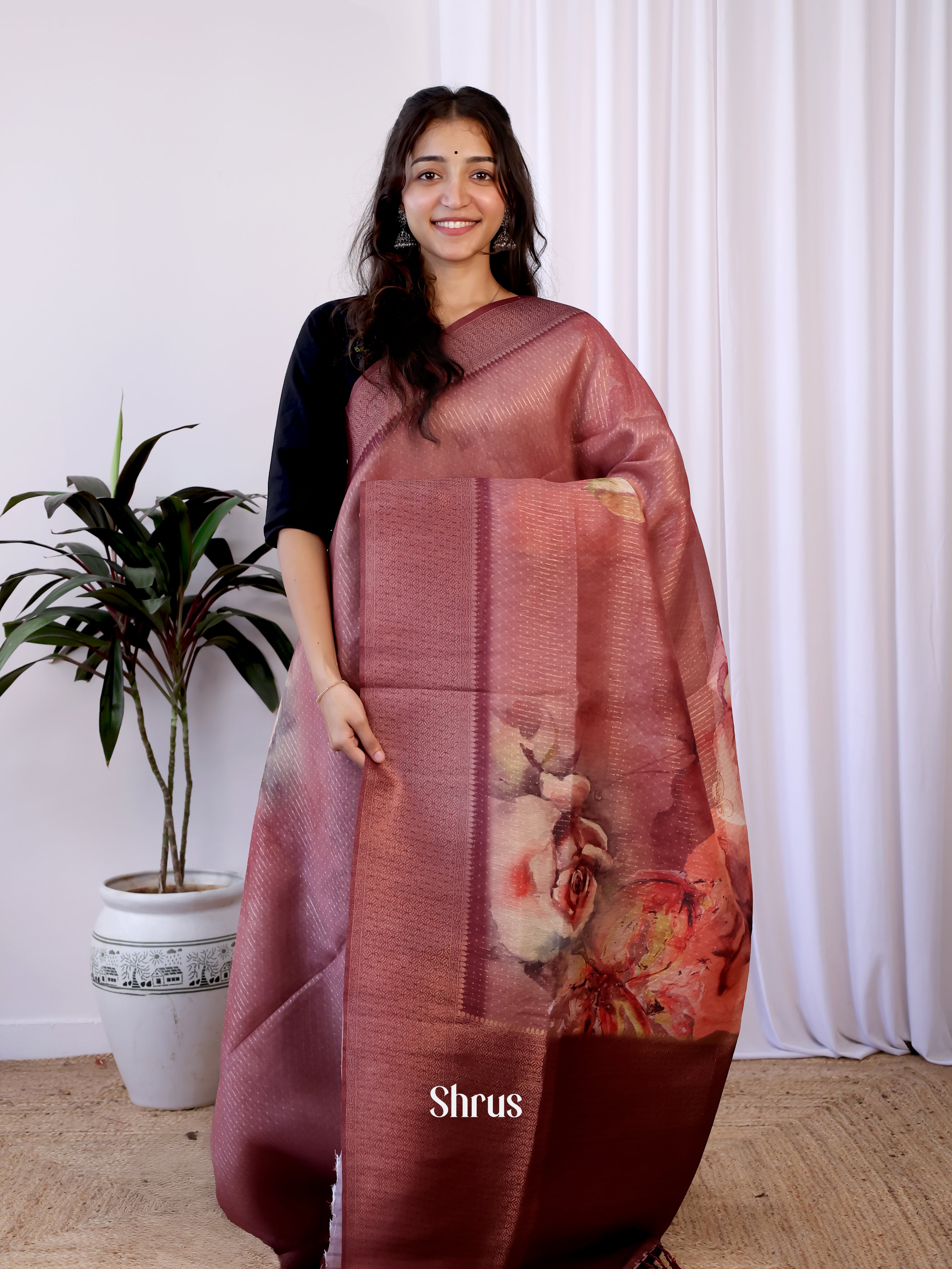 Onion Peel & Brown - Semi Jute Saree - Shop on Shrus.com