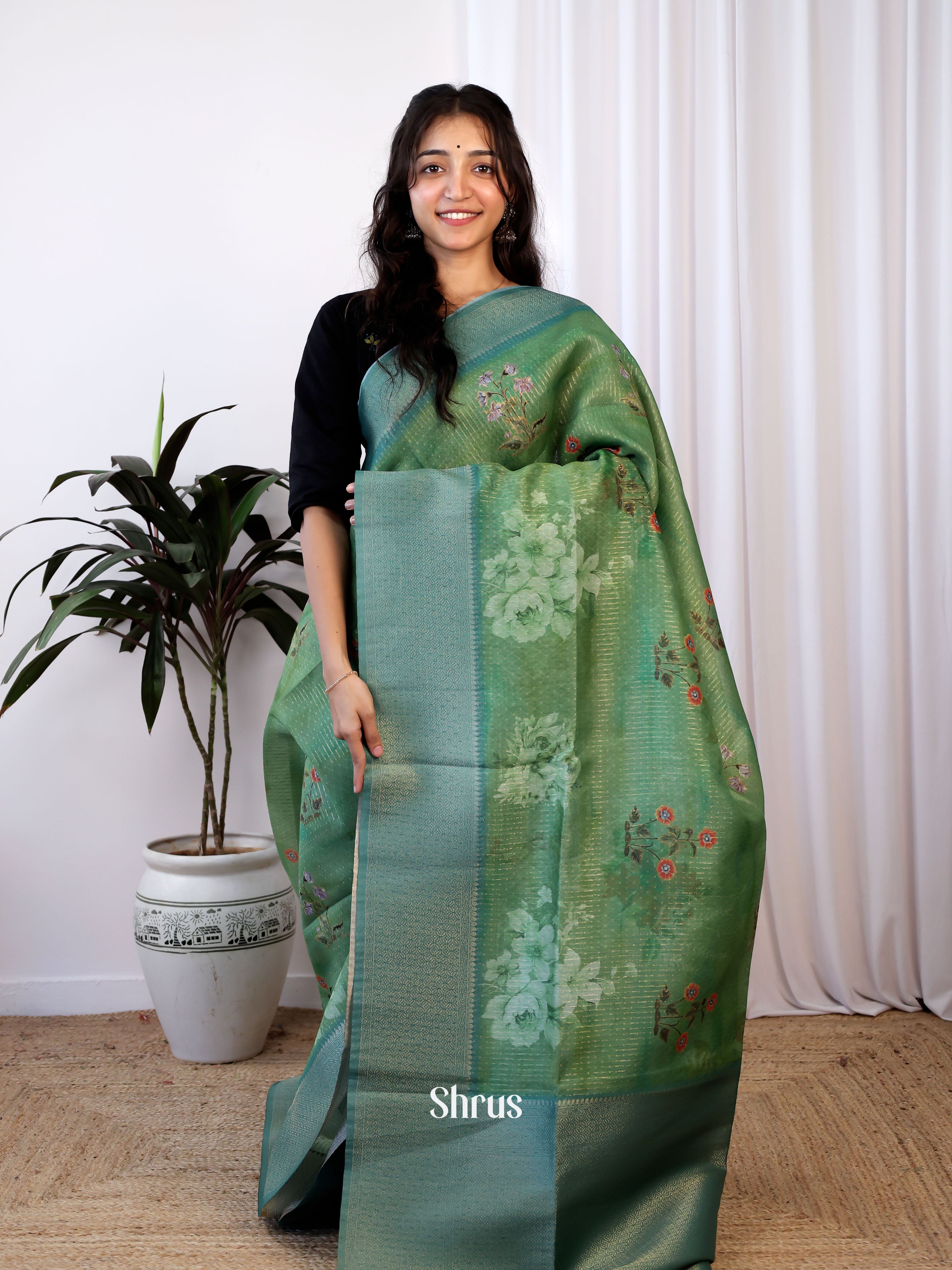 Green & Blue - Semi Jute Saree - Shop on Shrus.com