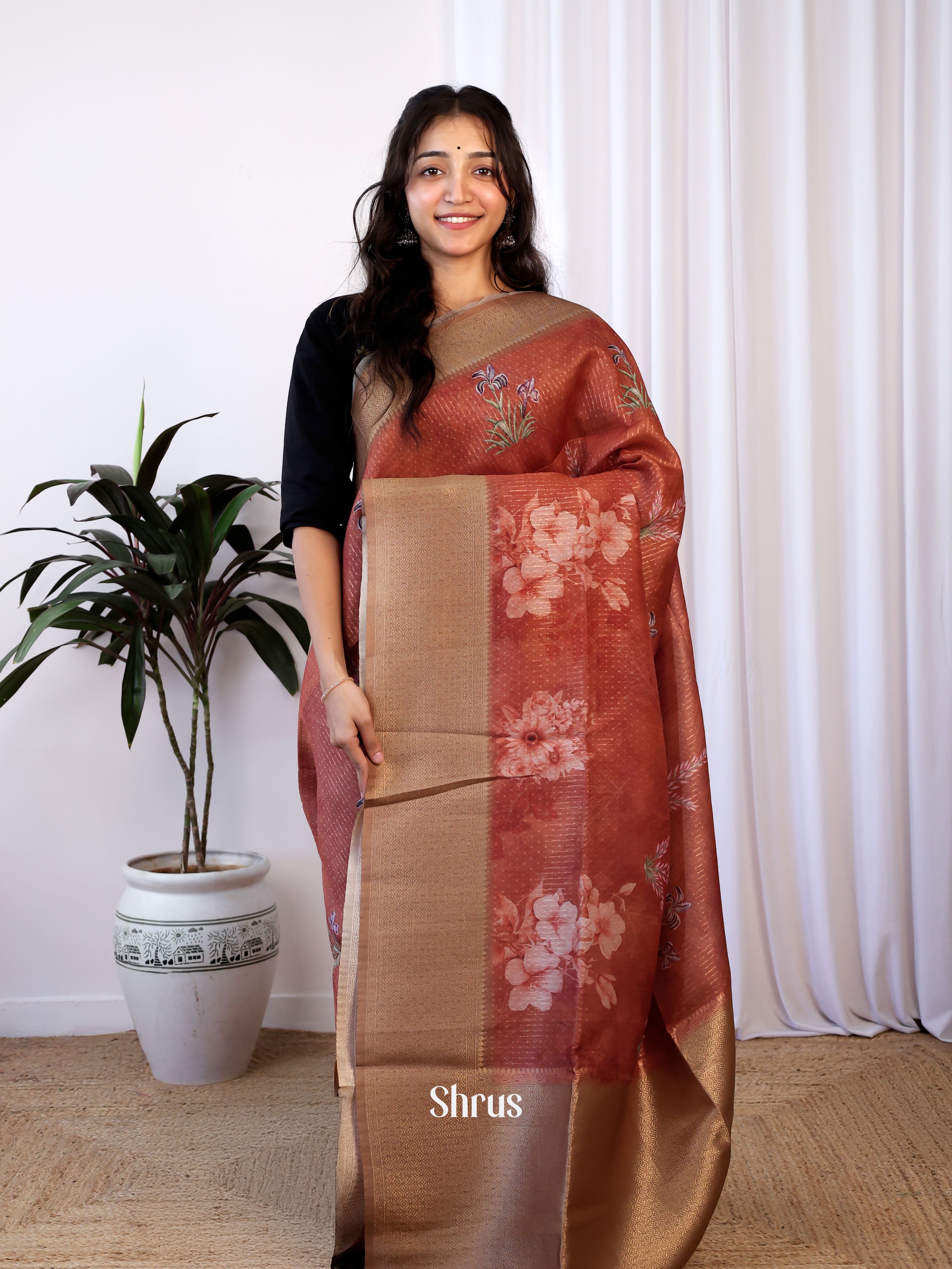 Brown - Semi Jute Saree - Shop on Shrus.com