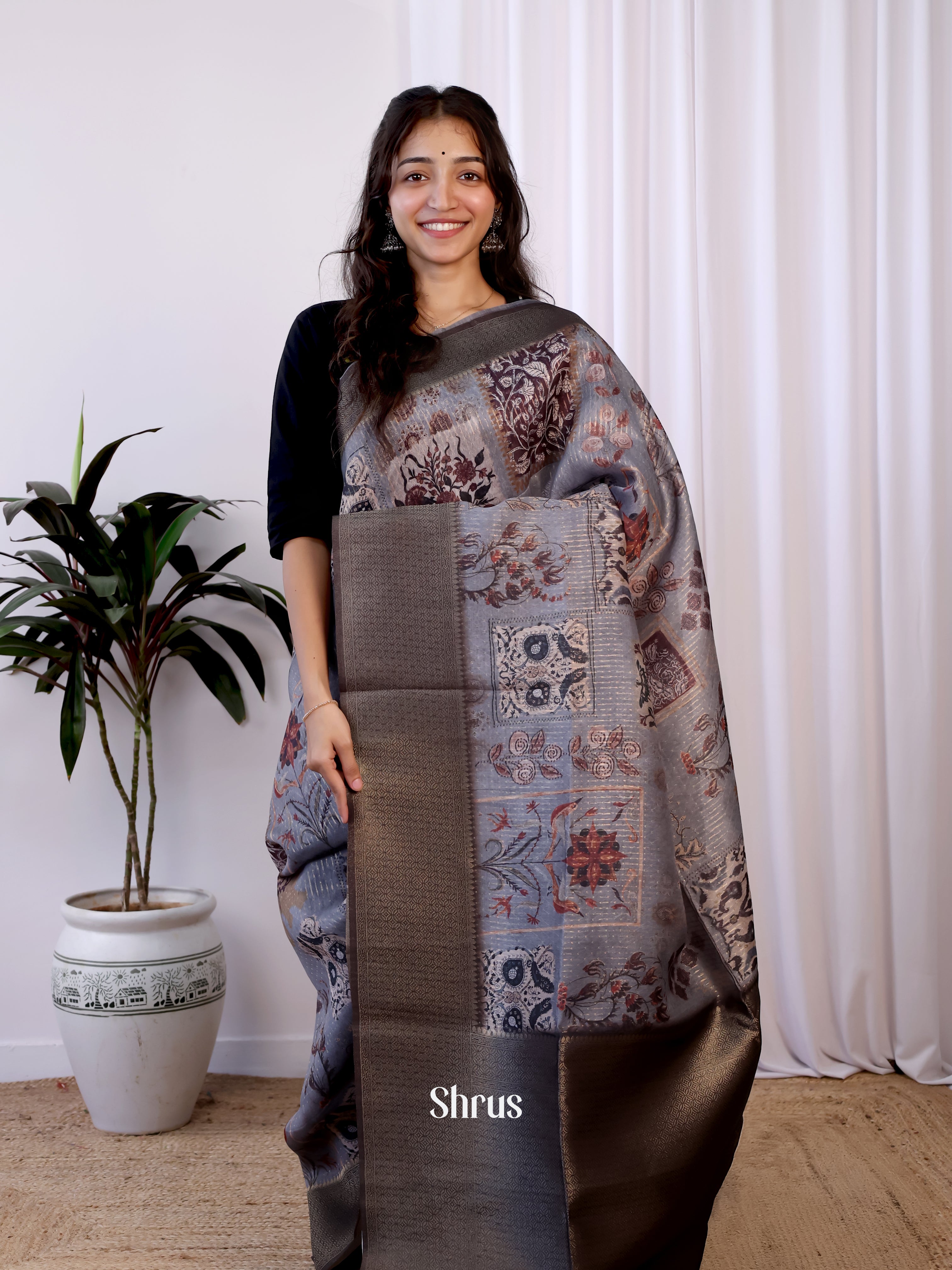 Purple & Brown - Semi Jute Saree - Shop on Shrus.com