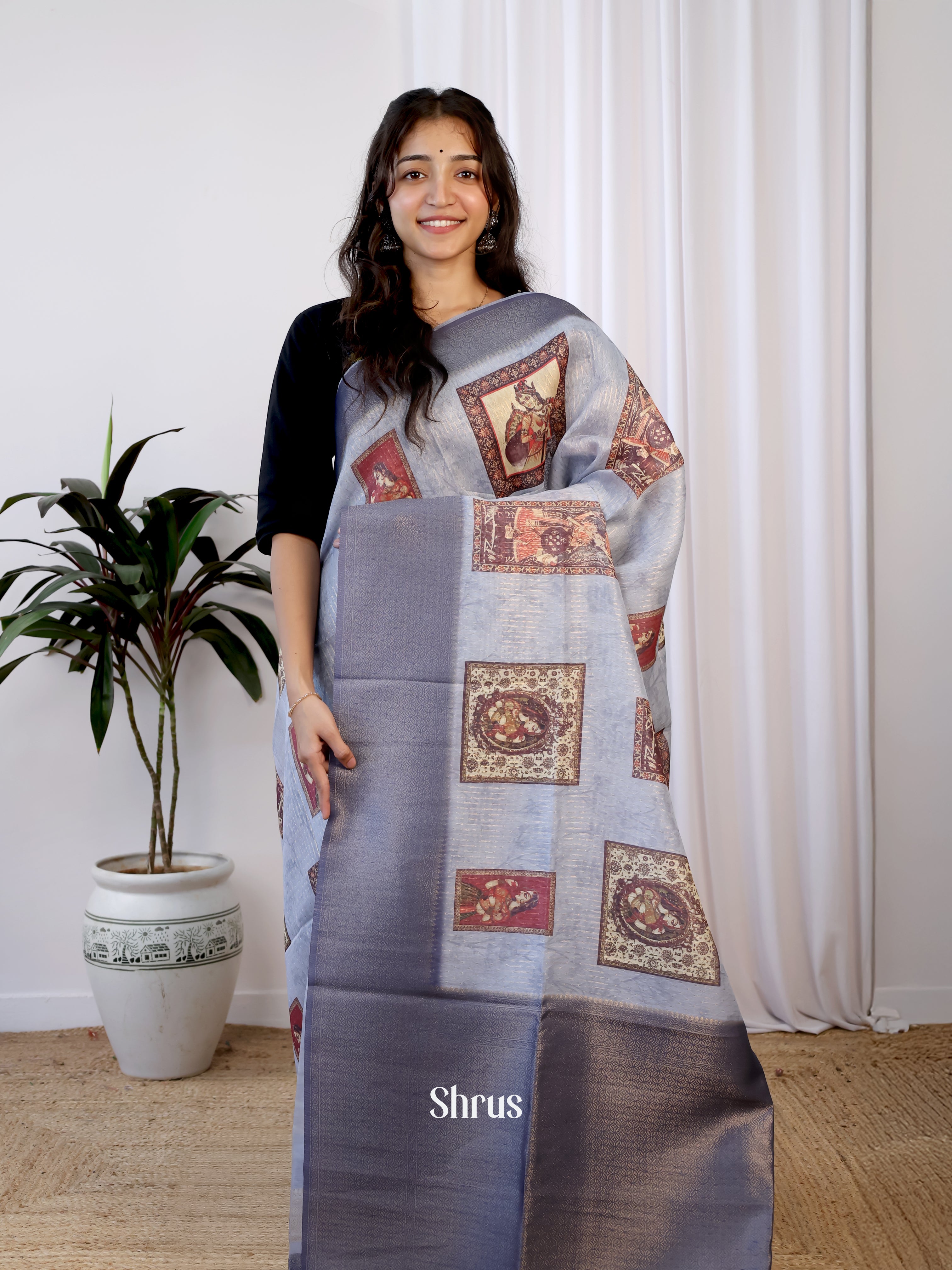 Lite Blue & Blue - Semi Jute Saree - Shop on Shrus.com