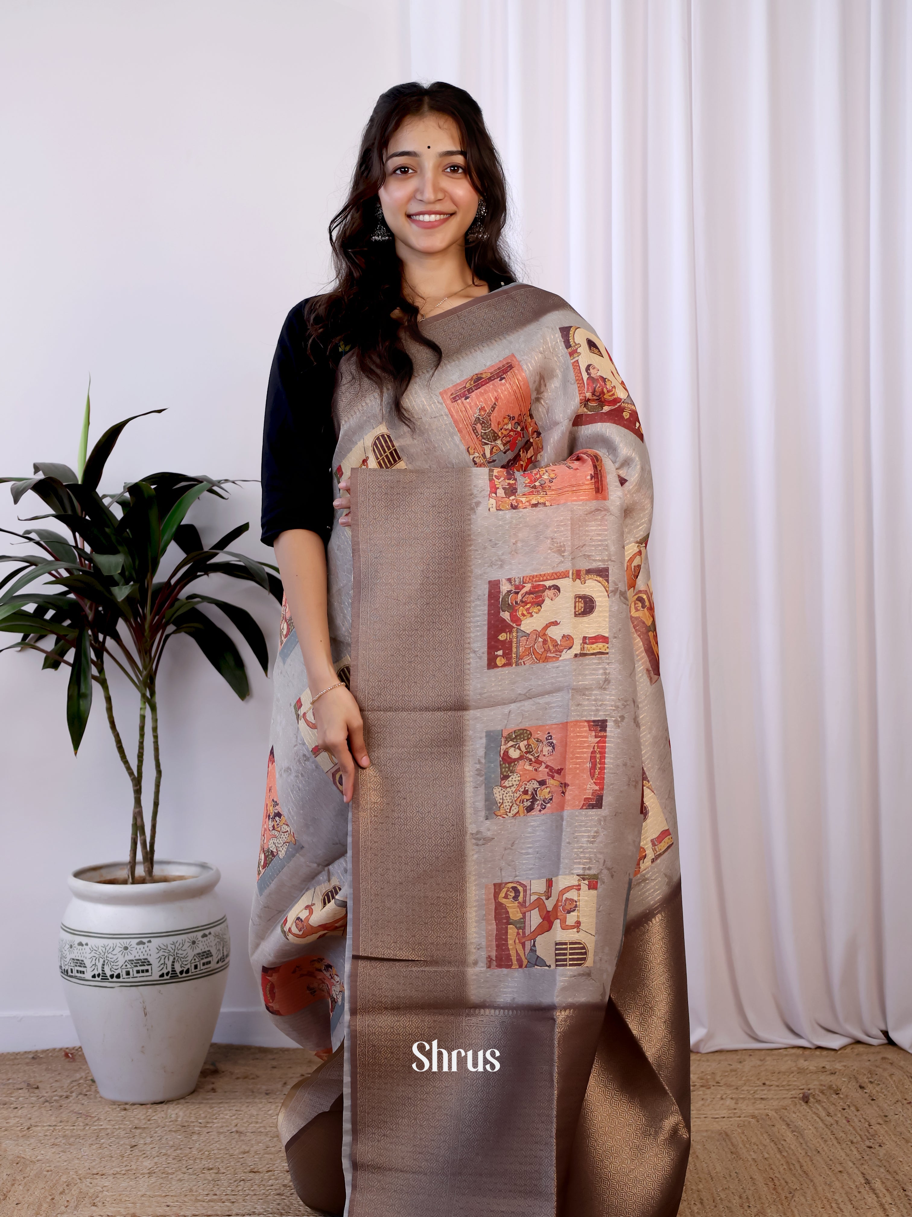 Grey & Brown - Semi Jute Saree - Shop on Shrus.com